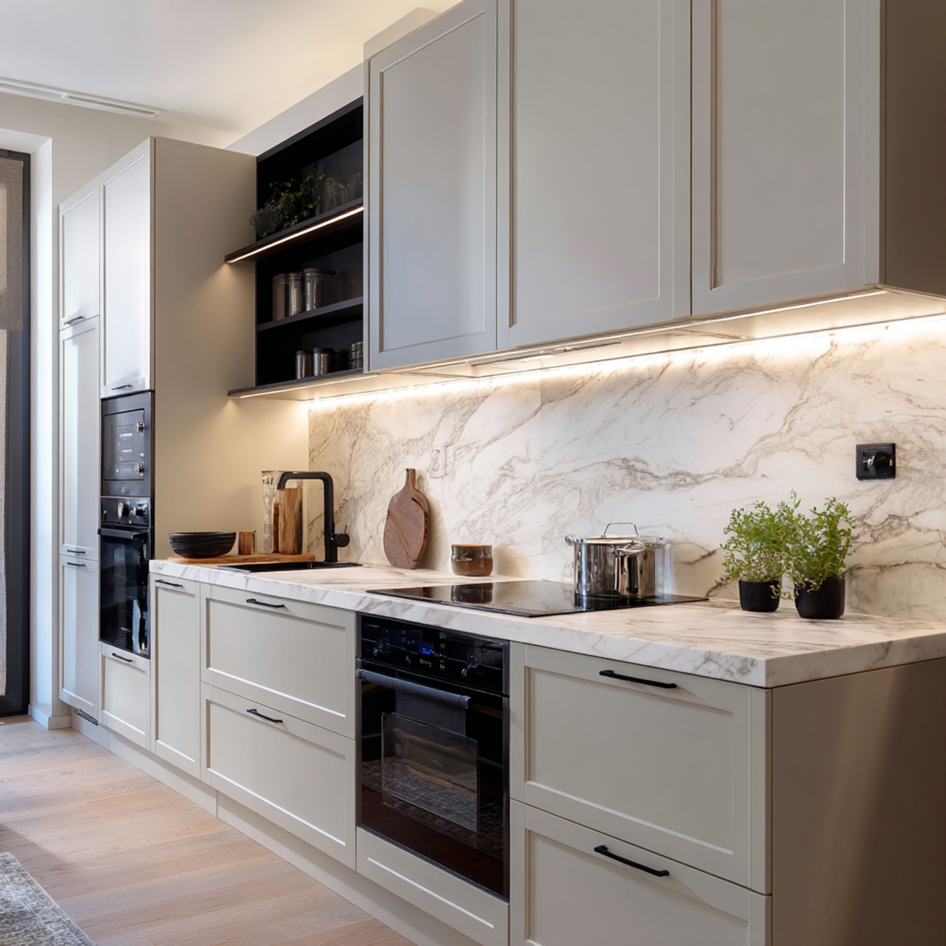 Mocca Nat Contemporary Straight Kitchen Design with Quartz Countertops