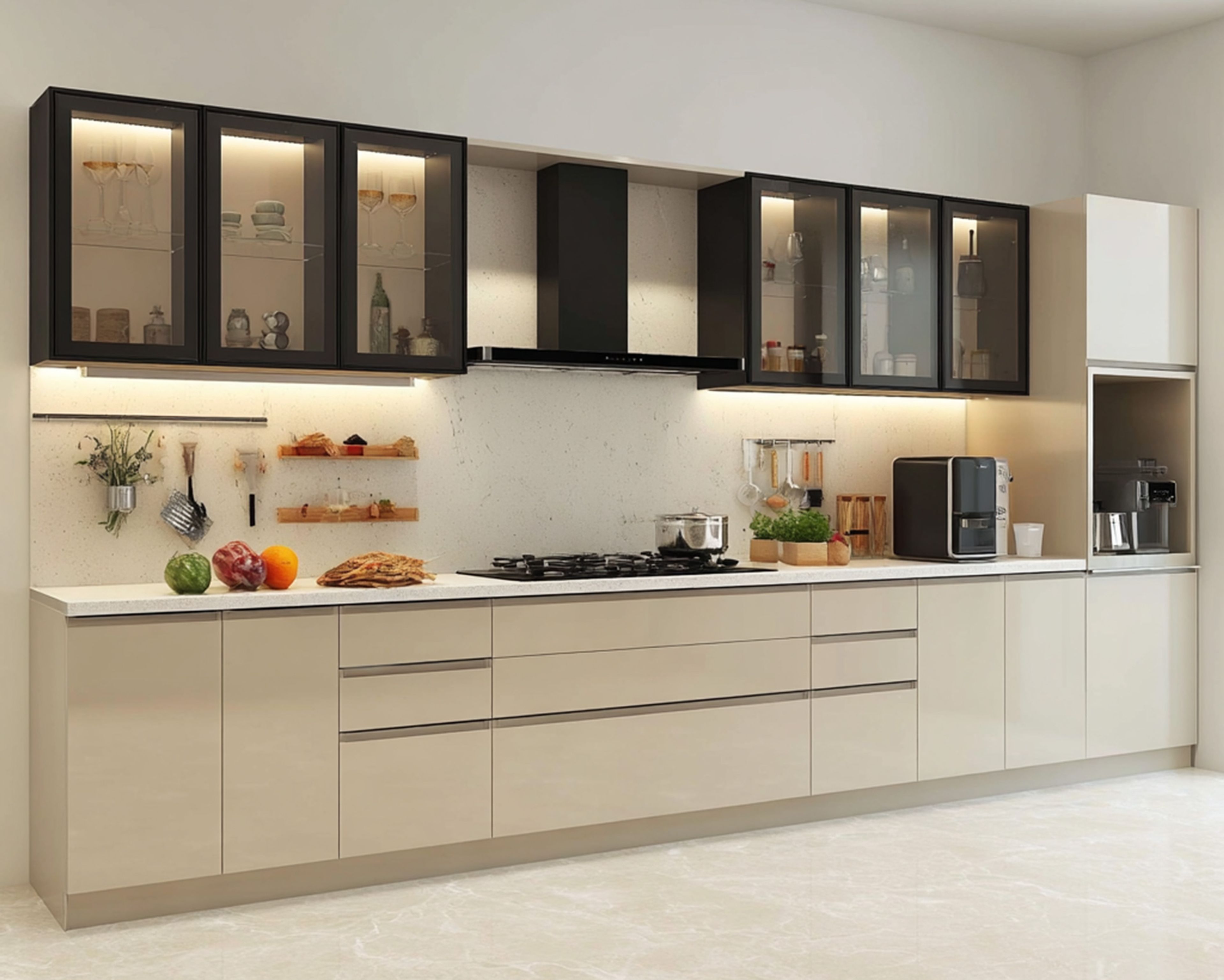 Beige Modern Straight Kitchen Design with Quartz Countertop and Coffee Station