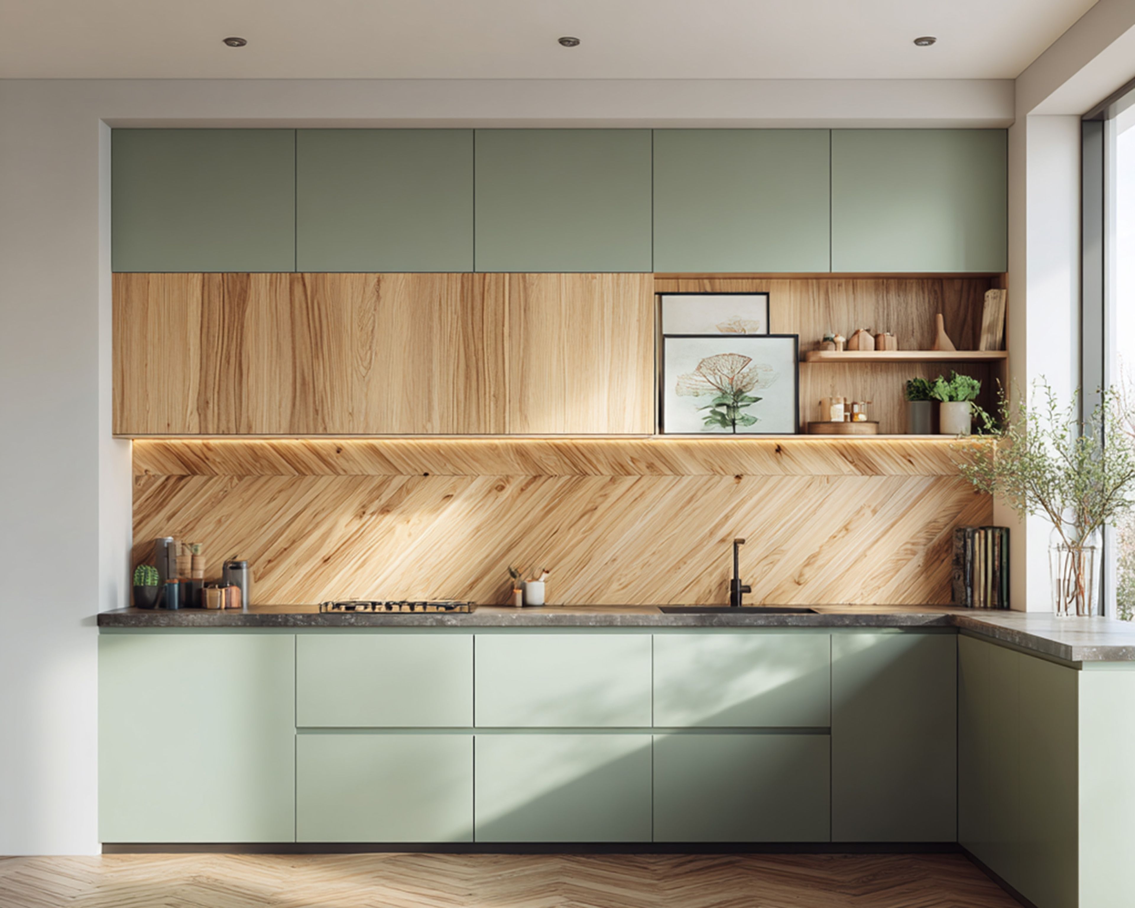 Sage Green Scandinavian L-Shaped Kitchen Design with Wooden Backsplash