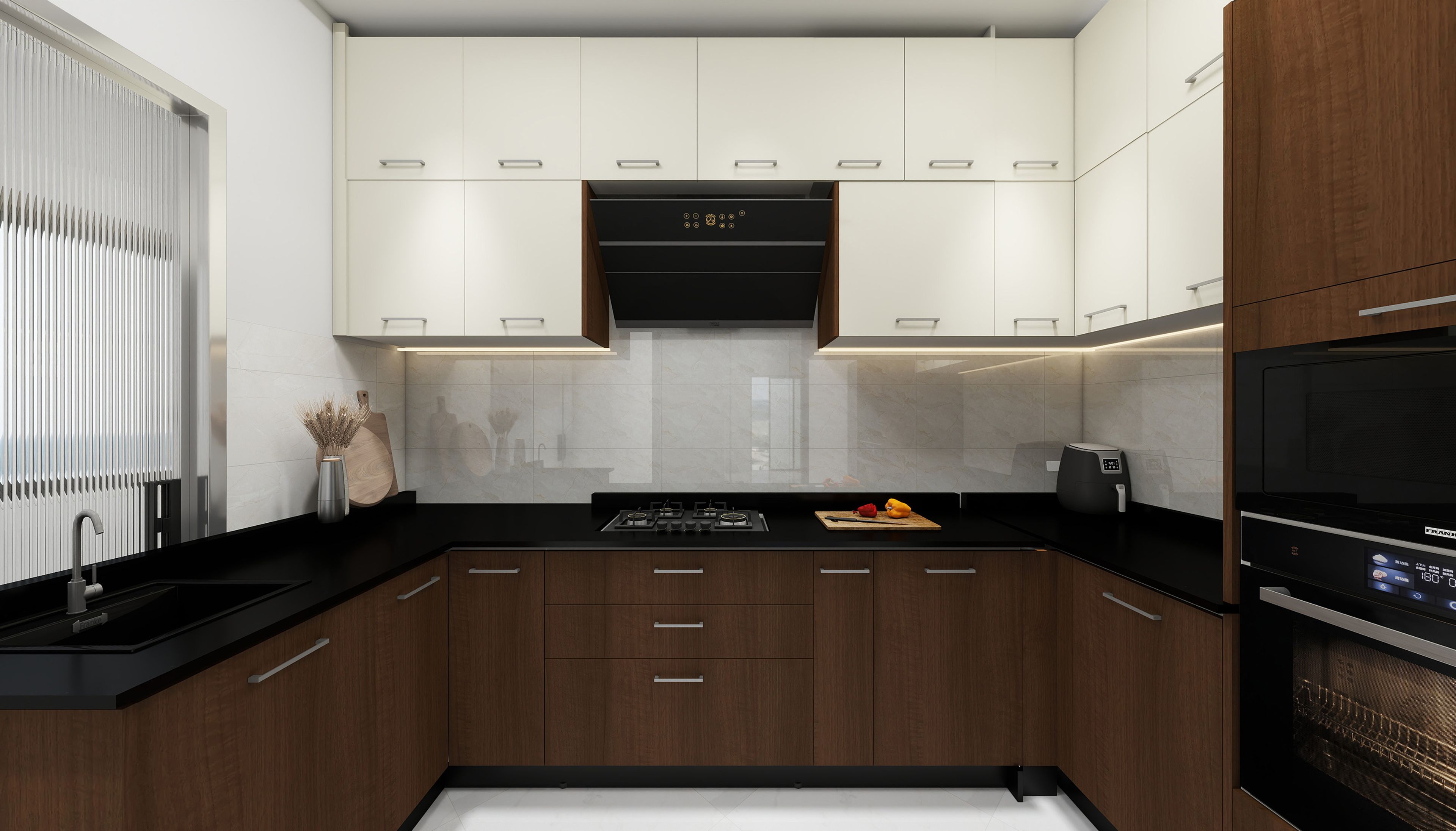 Modern Walnut Bronze U-Shaped Kitchen Design with Granite Countertop