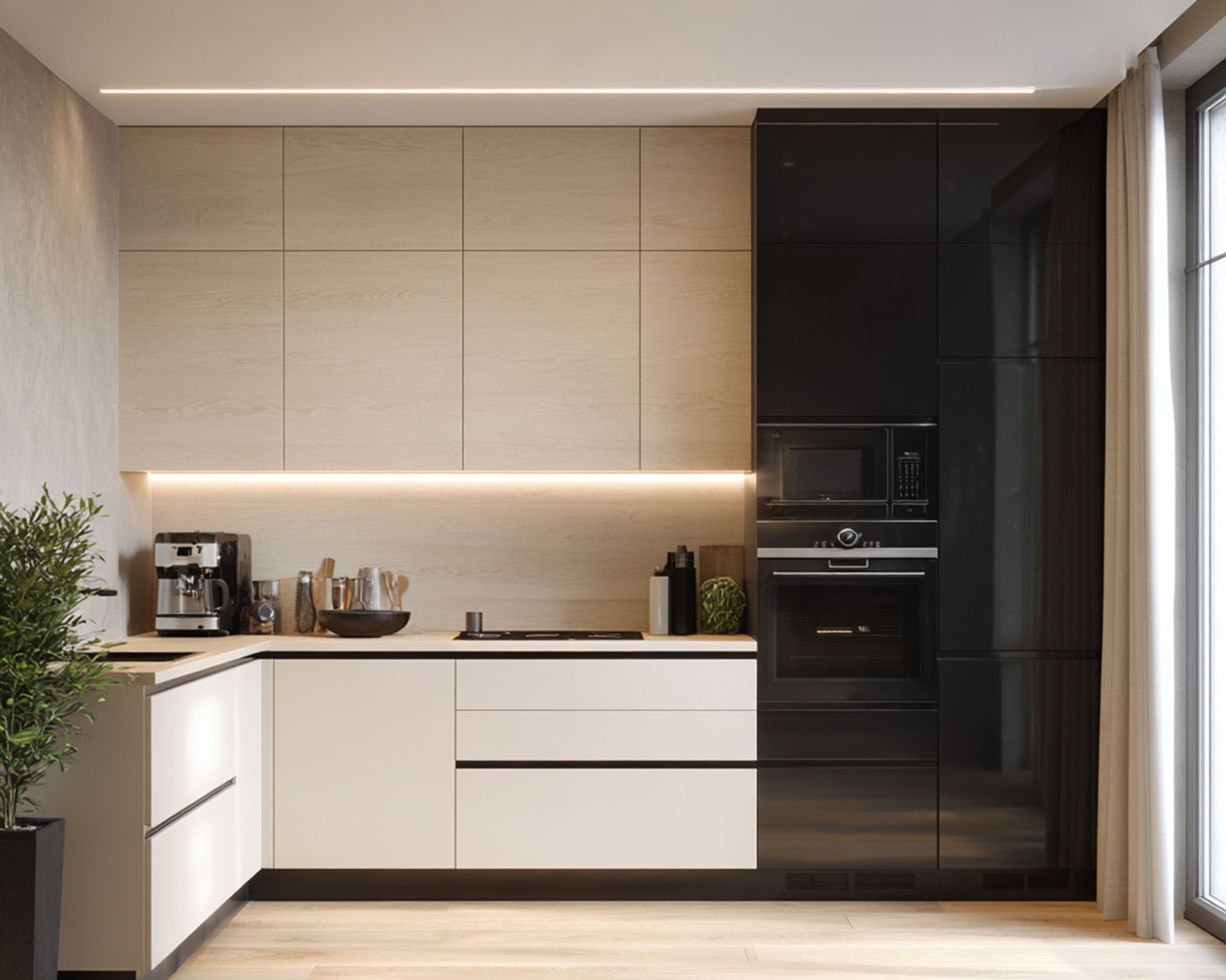 White Acacia Contemporary L-Shaped Kitchen Design with Wood Countertop