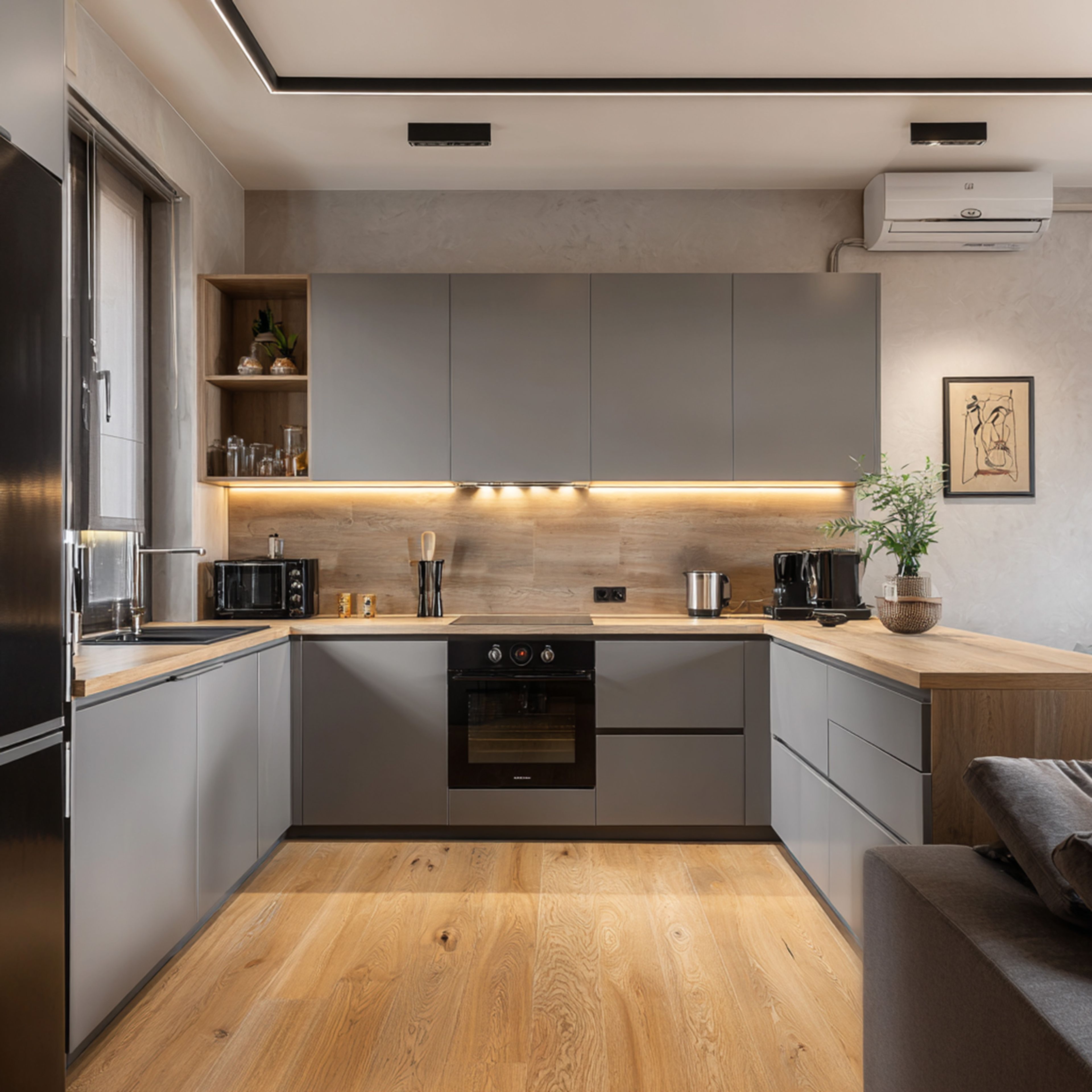 Grey and Acacia Contemporary U-Shaped Kitchen Design with Wood Countertops
