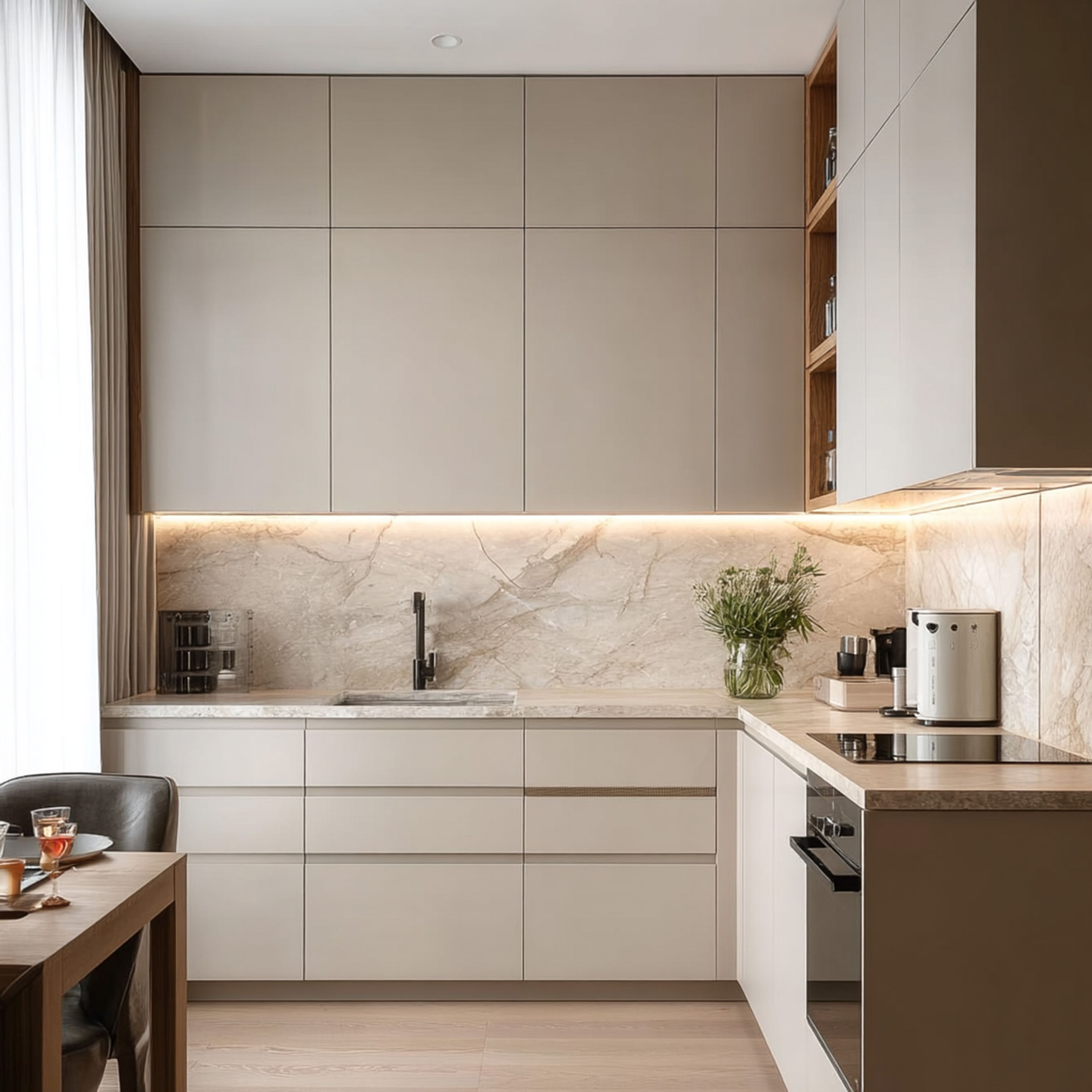 Minimal Grey L-Shaped Kitchen Design with Quartz Countertop and Open Shelves