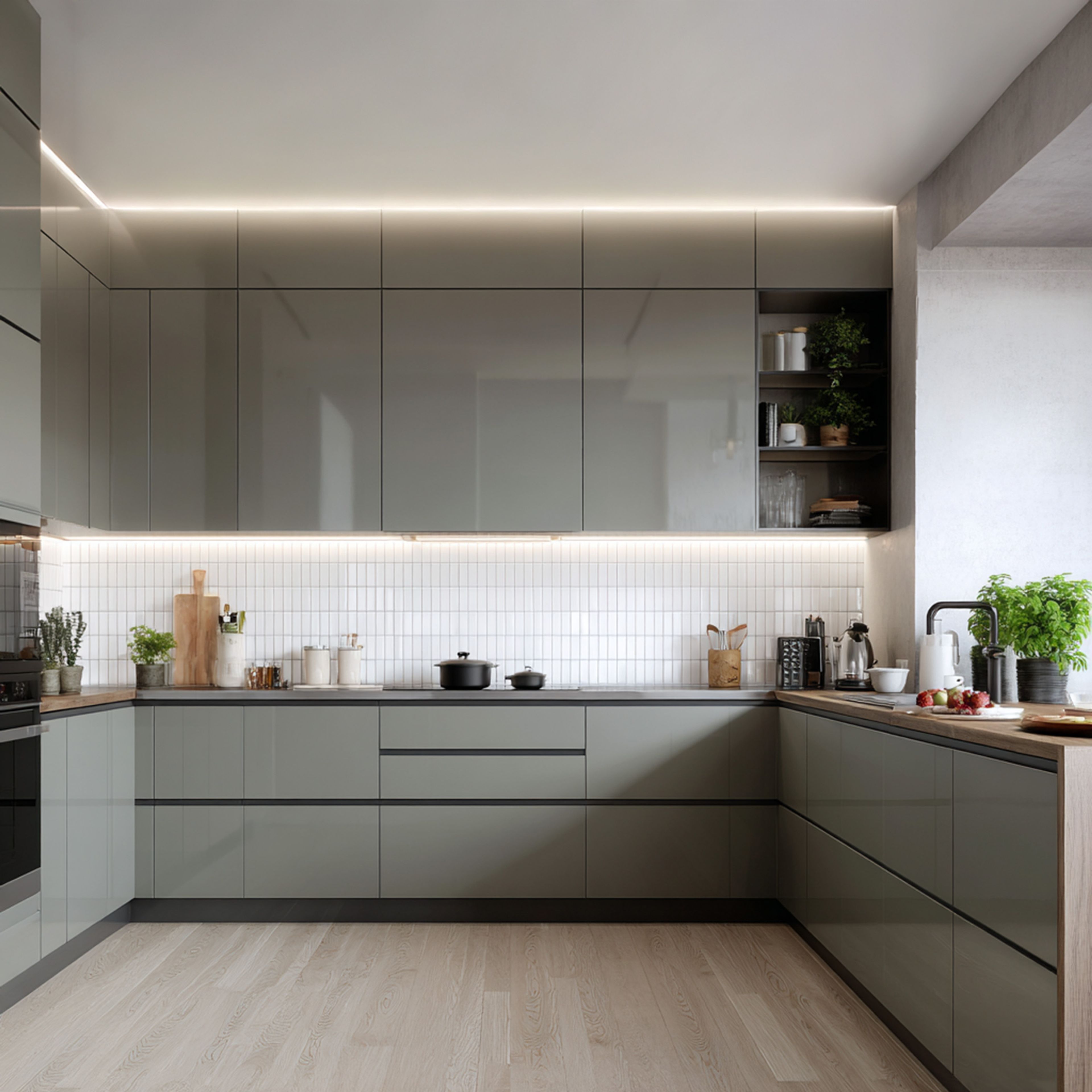Sage Green Contemporary U-Shaped Kitchen Design with High Gloss Cabinets