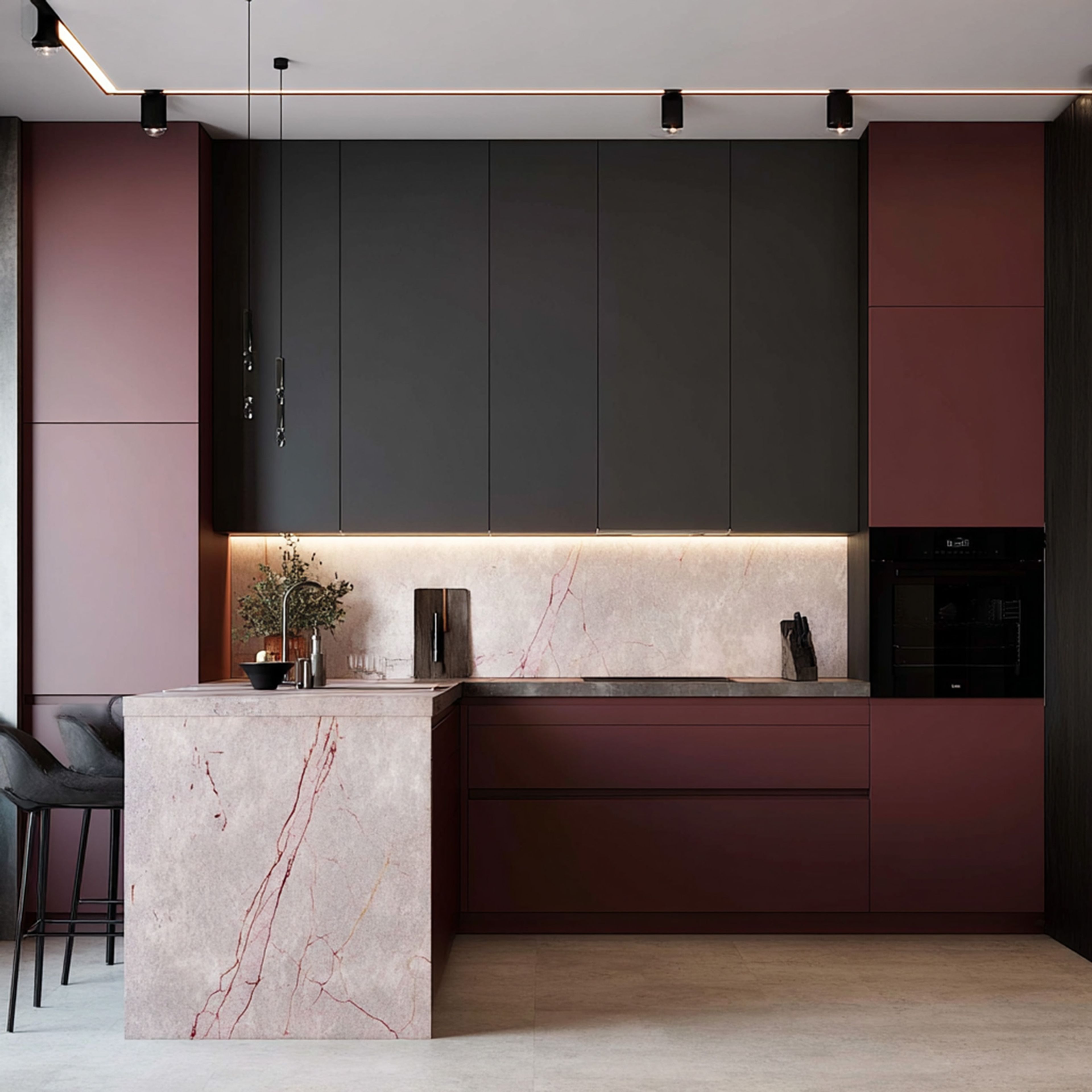 Burgundy Grey Modern L-Shaped Kitchen Design with Peninsula Countertop