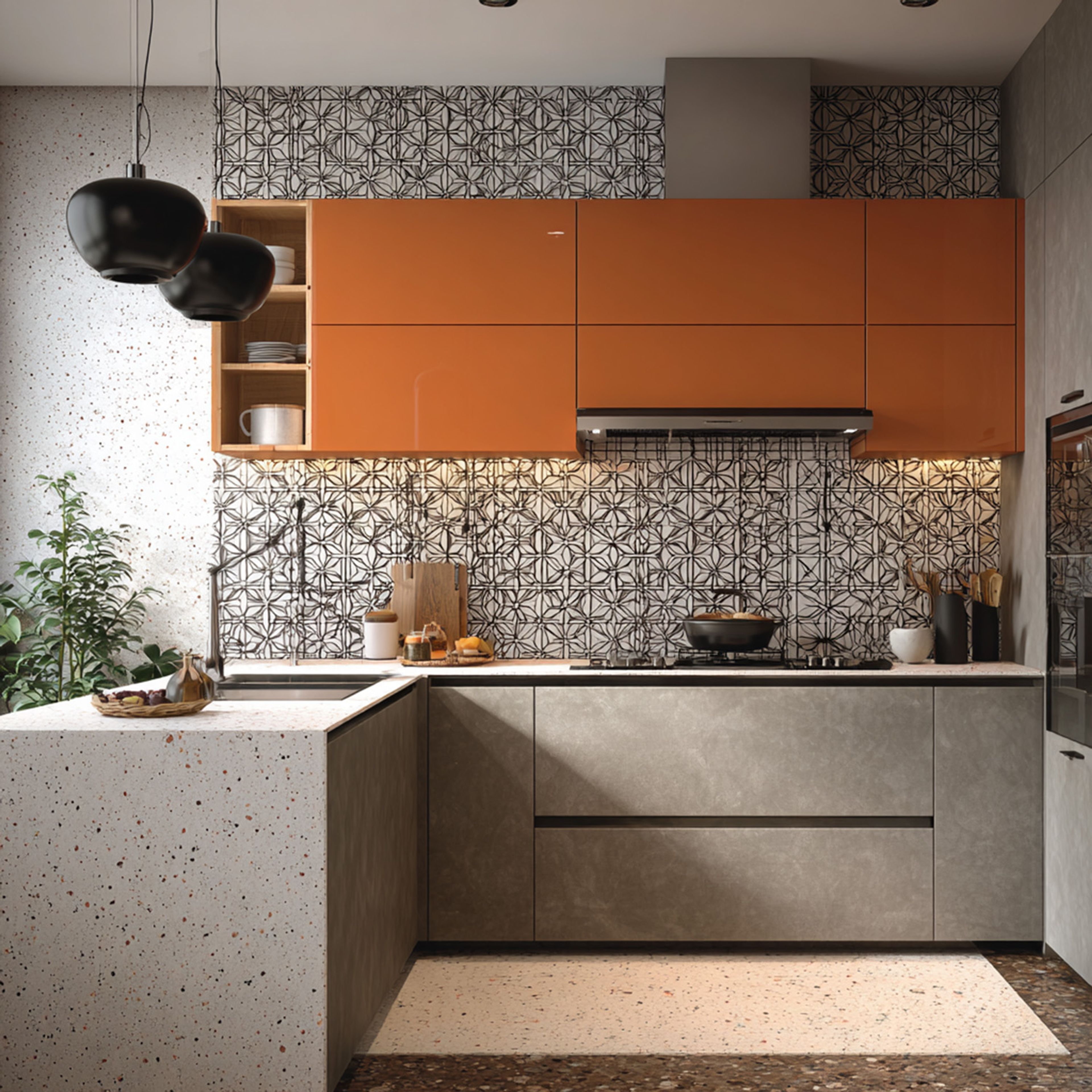 Grey and Orange Modern Eclectic U-Shaped Kitchen Design with Quartz Top