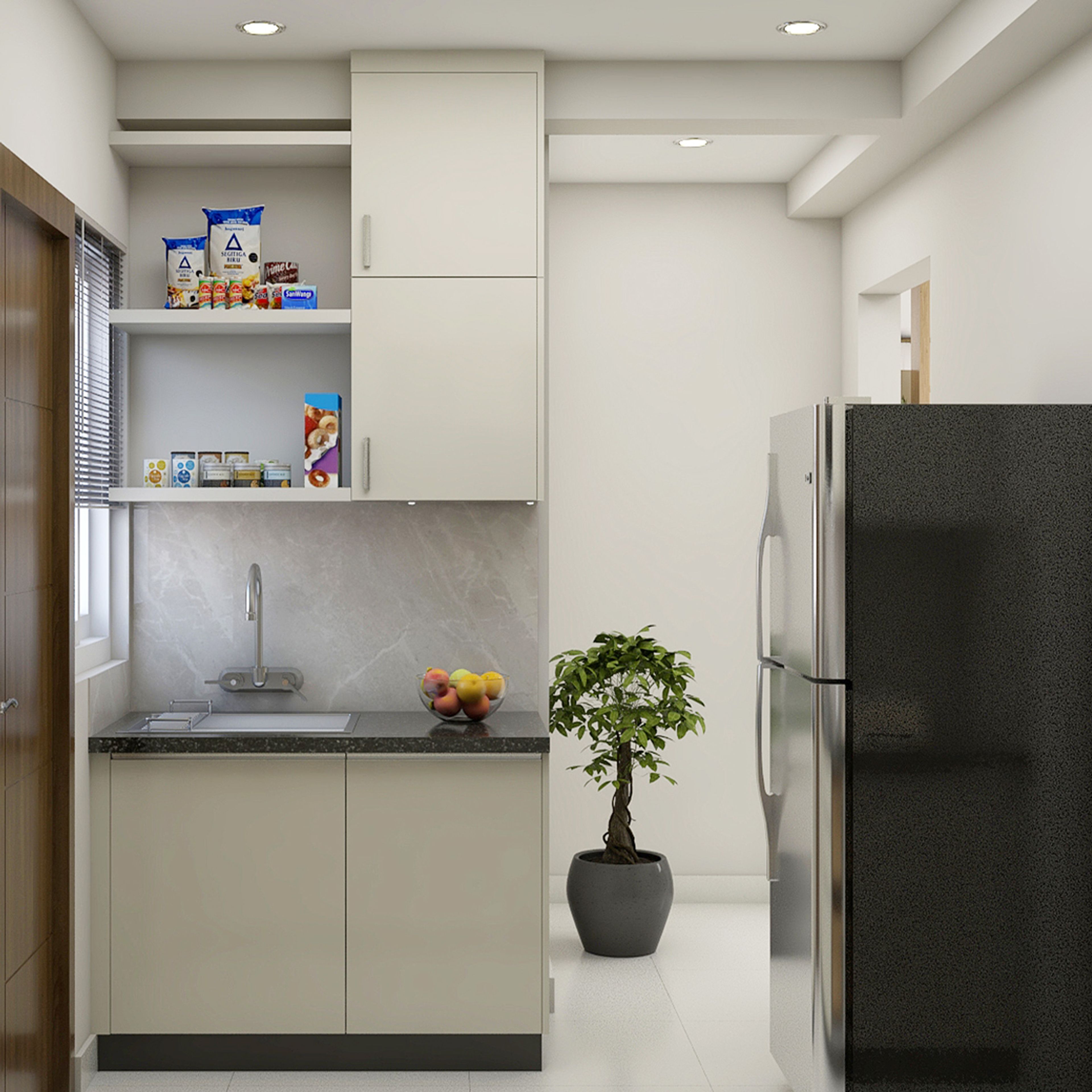 Champagne Modern Parallel Kitchen Design with Granite Countertop Storage