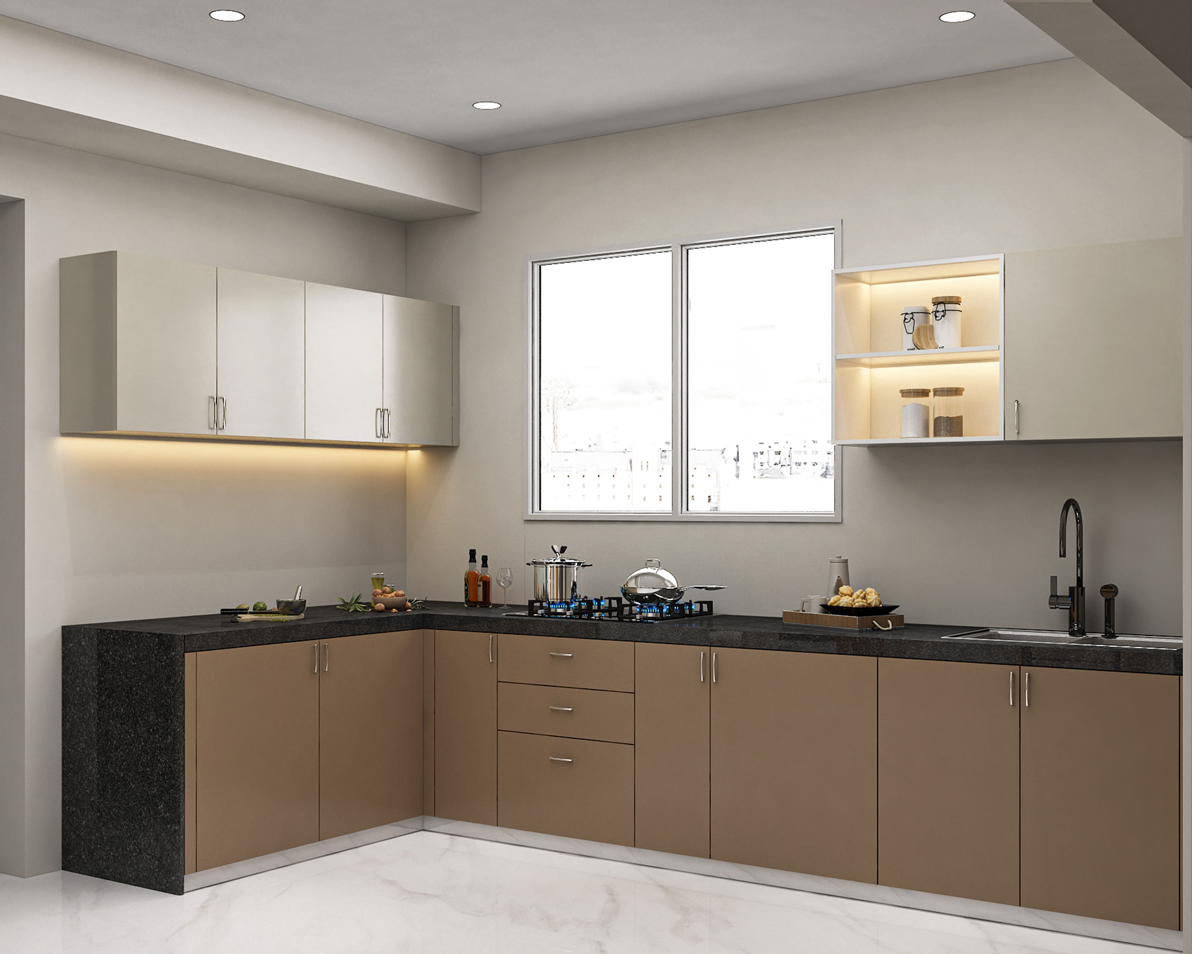 Tan and White Contemporary L-Shaped Kitchen Design with Granite Countertop