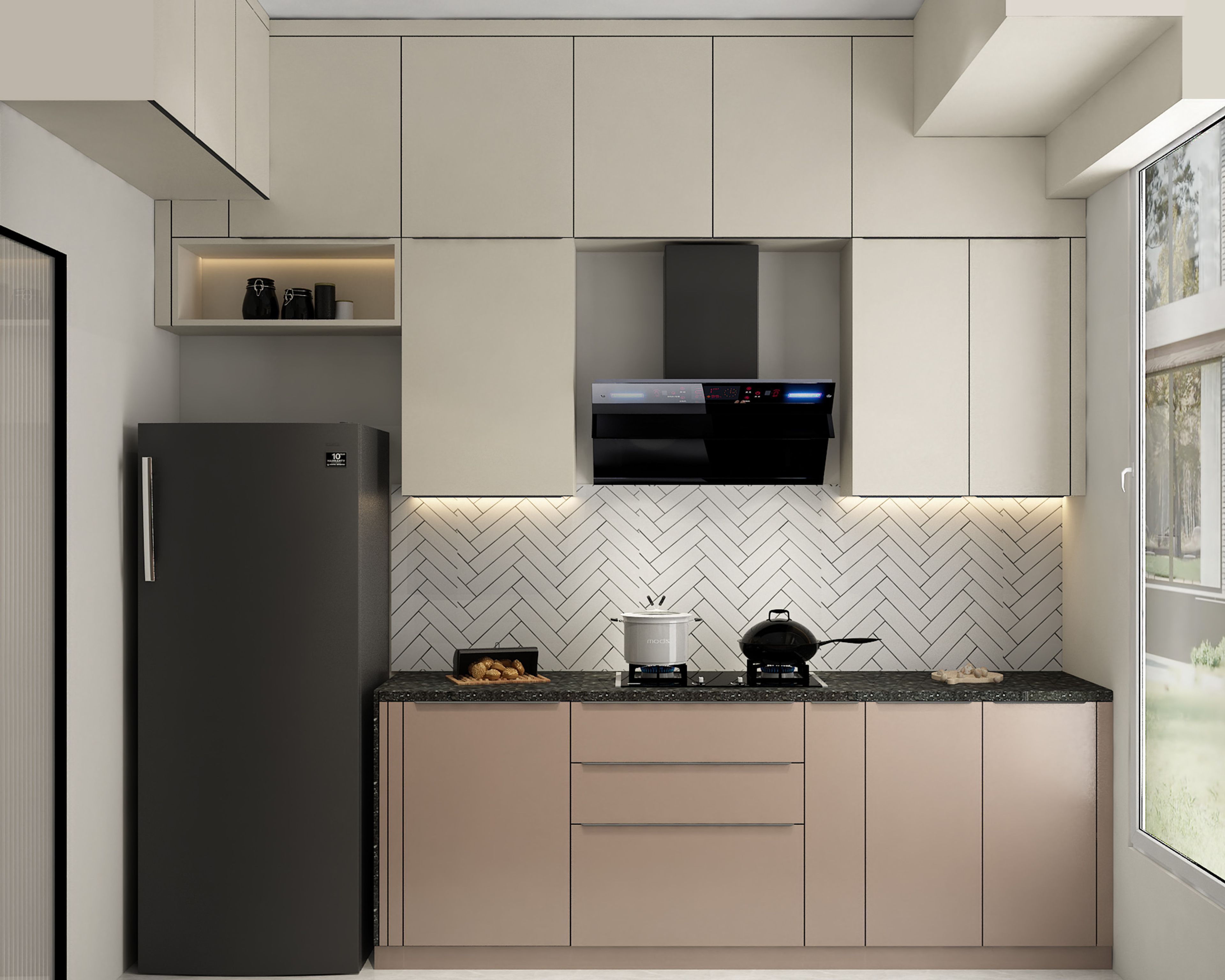 Modern Light Beige Champagne Parallel Kitchen Design with Granite Countertop