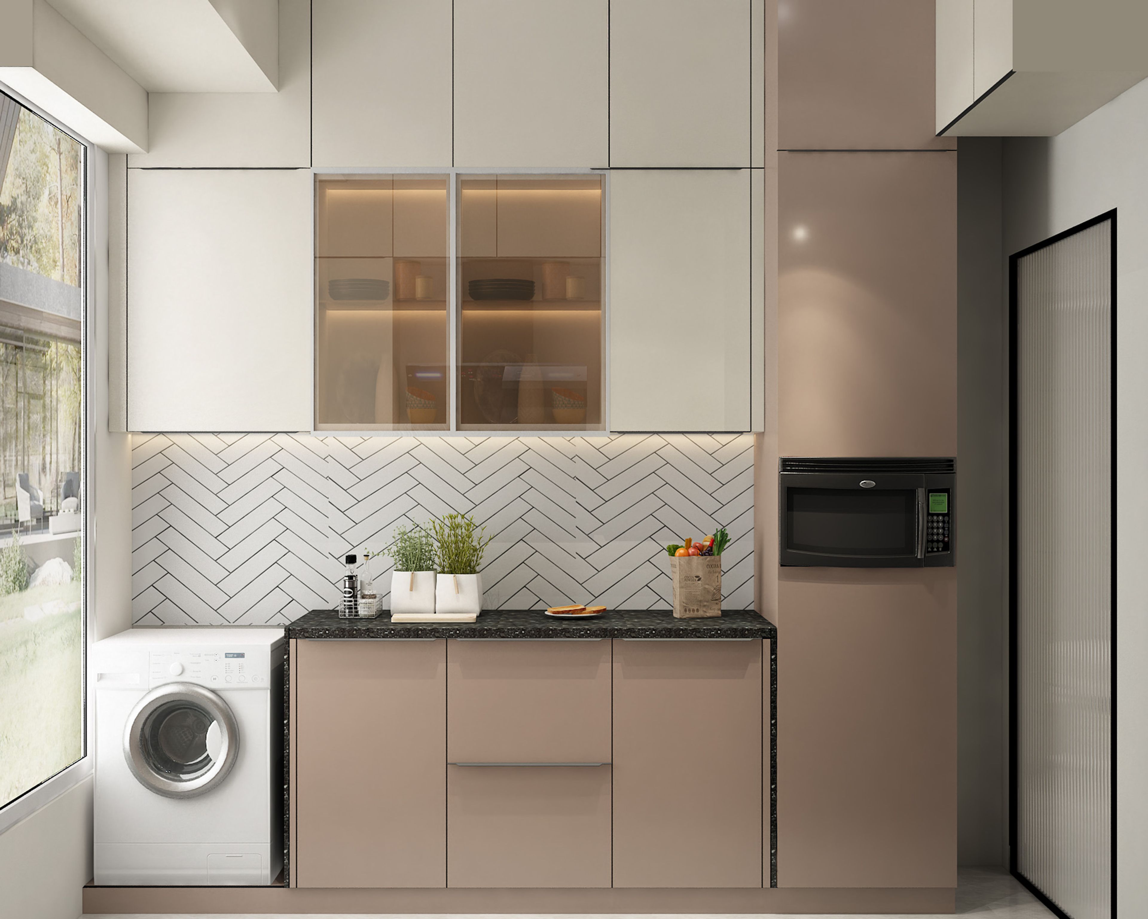 Modern Light Beige Champagne Parallel Kitchen Design with Granite Countertop