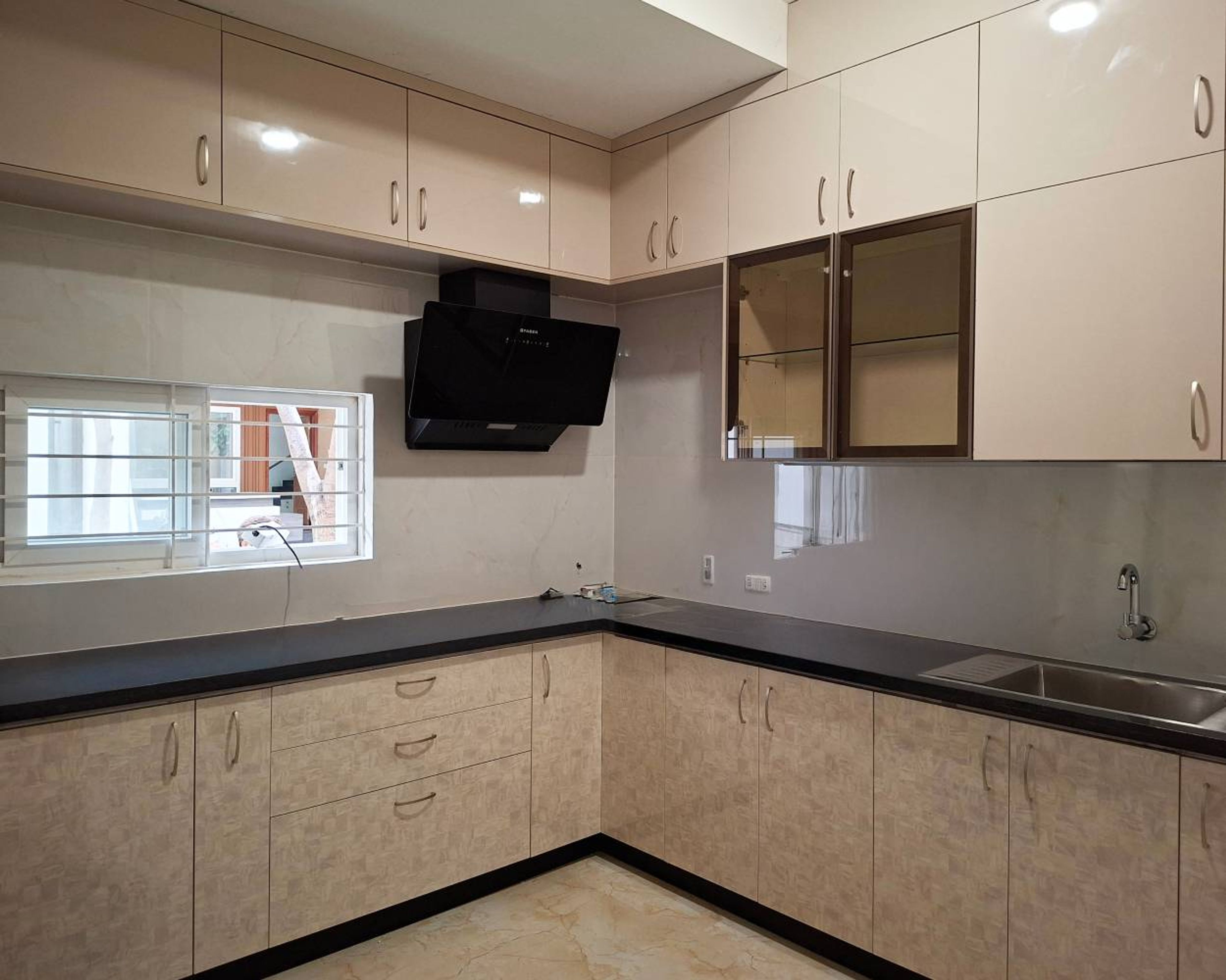Blue and White Contemporary Straight Kitchen Design with Marble Countertop