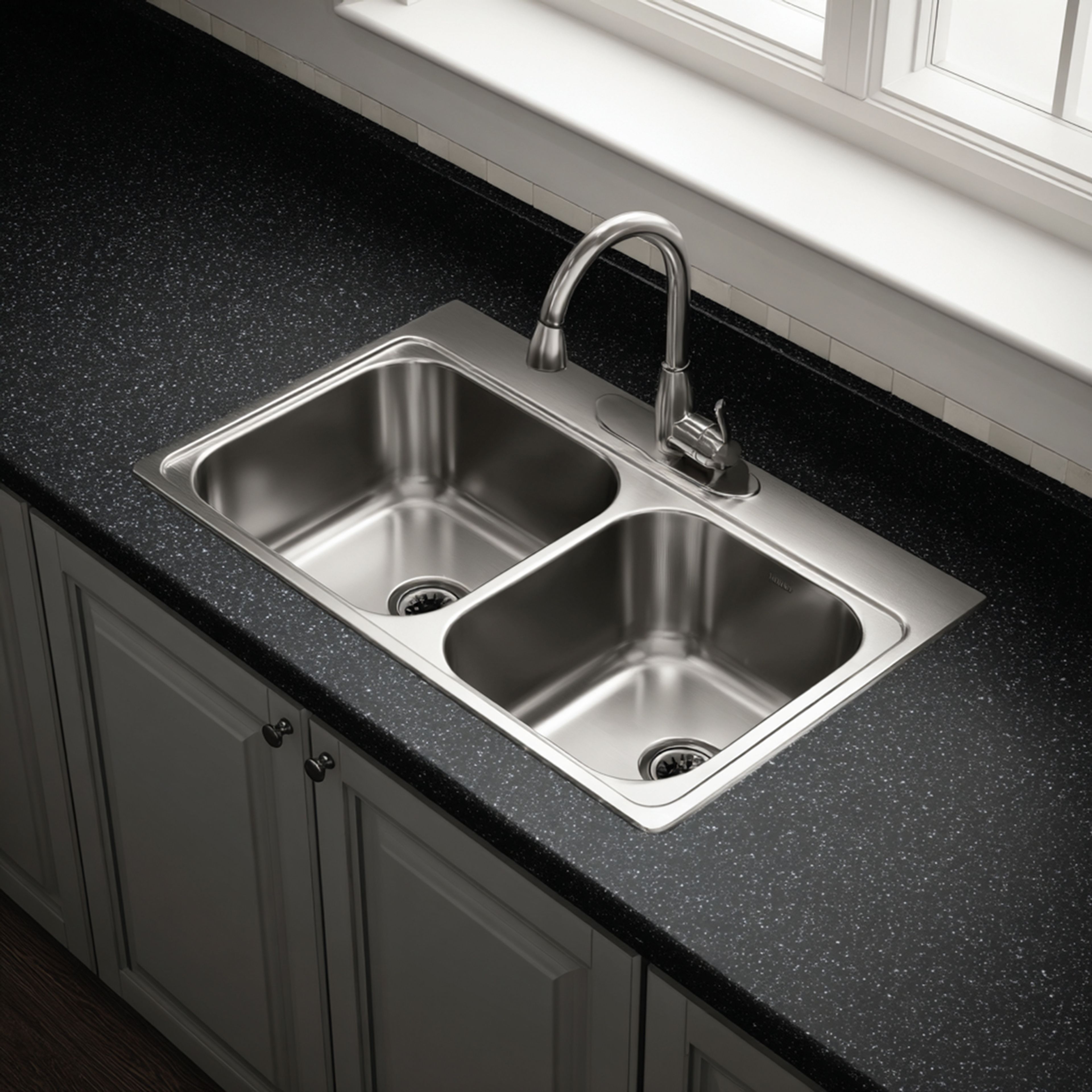 Top Mount Modern Kitchen Sink Design in Stainless Steel Double Bowl Layout