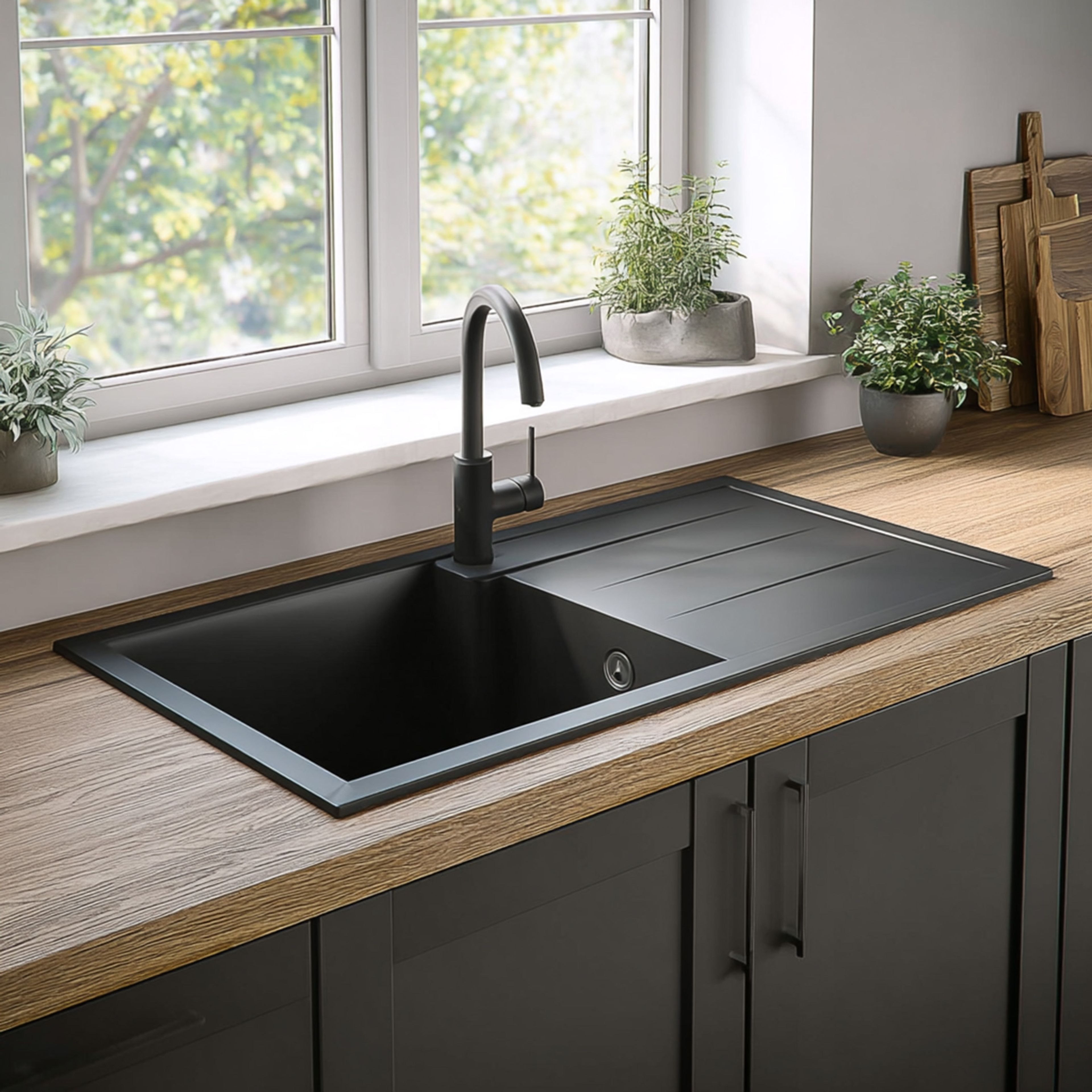 Single Bowl Granite Top Mount Kitchen Sink Design with Drainboard