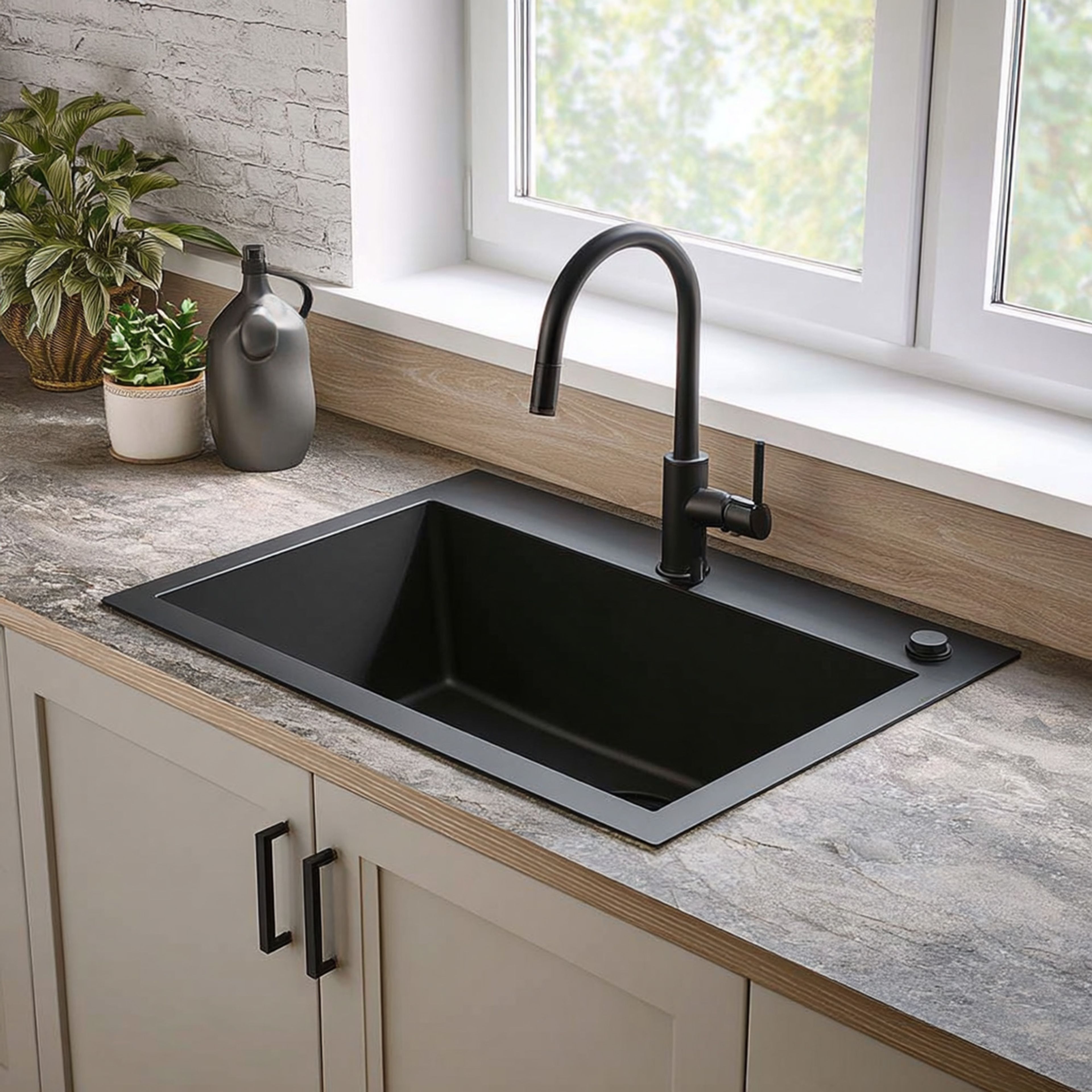 Black Granite Composite Single Bowl Top Mount Kitchen Sink Design