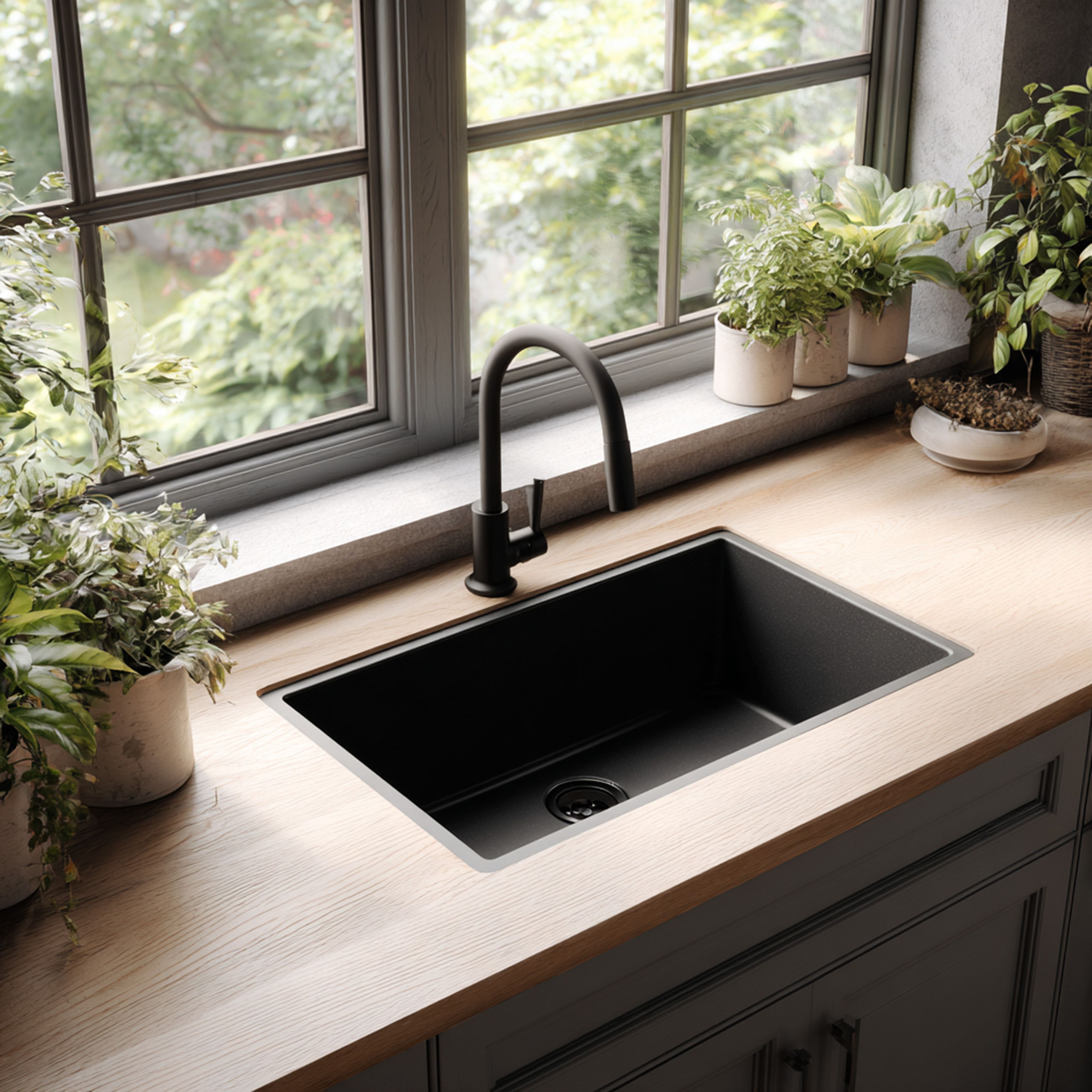 Black Quartz Top Mount Kitchen Sink Design with Single Bowl