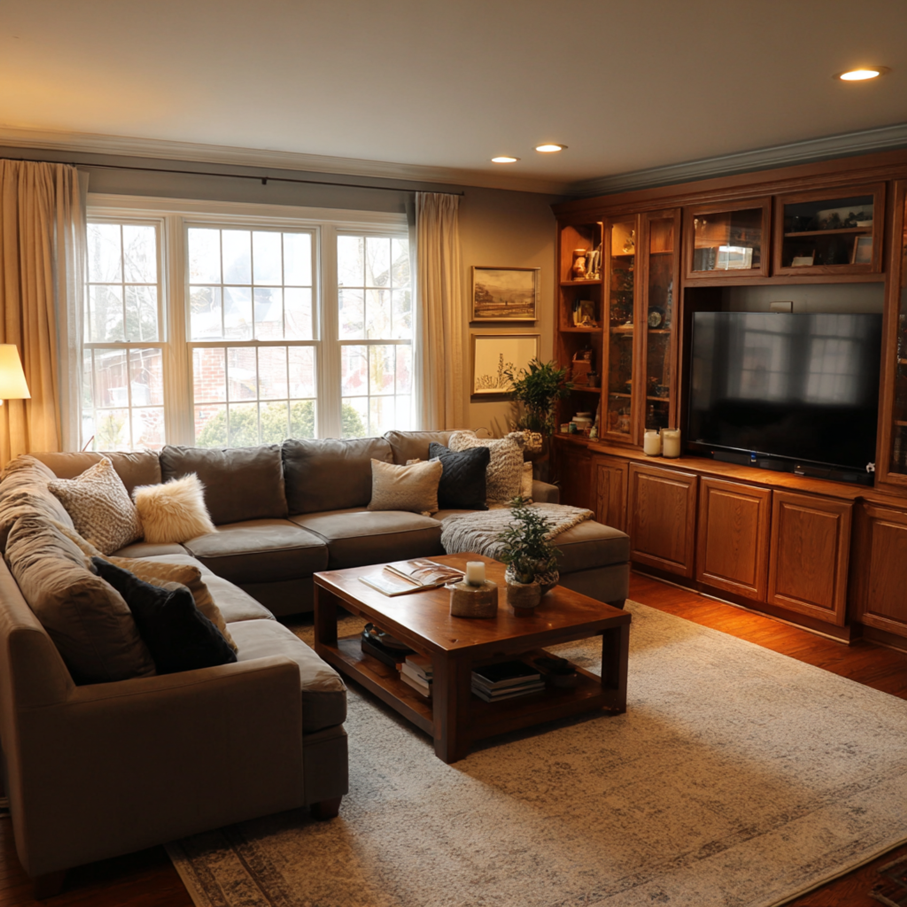 Contemporary Living Room Design with Beige L-Shaped Sofa and Wood Table