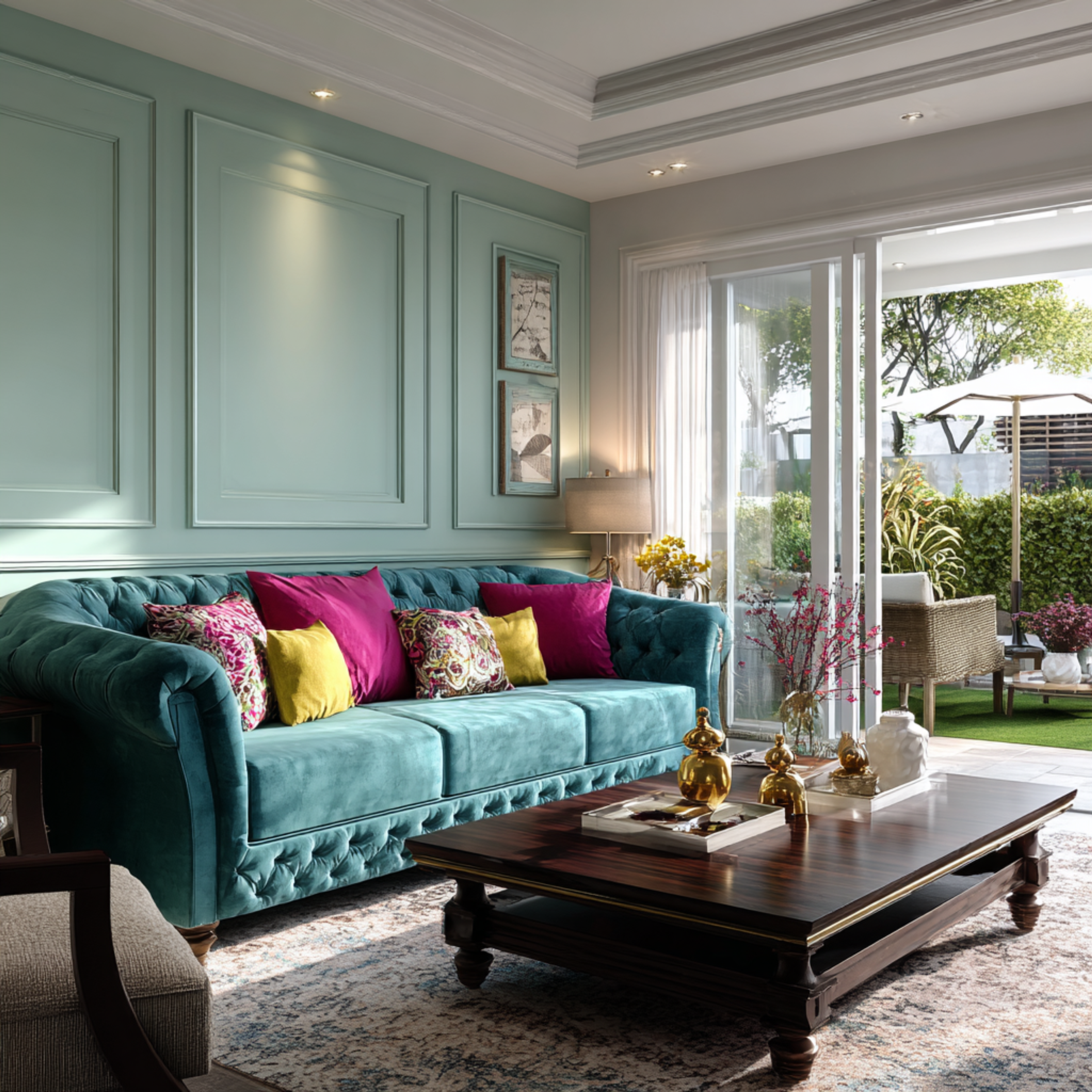 Classic Living Room Design with Teal Chesterfield Sofa and Teak Table