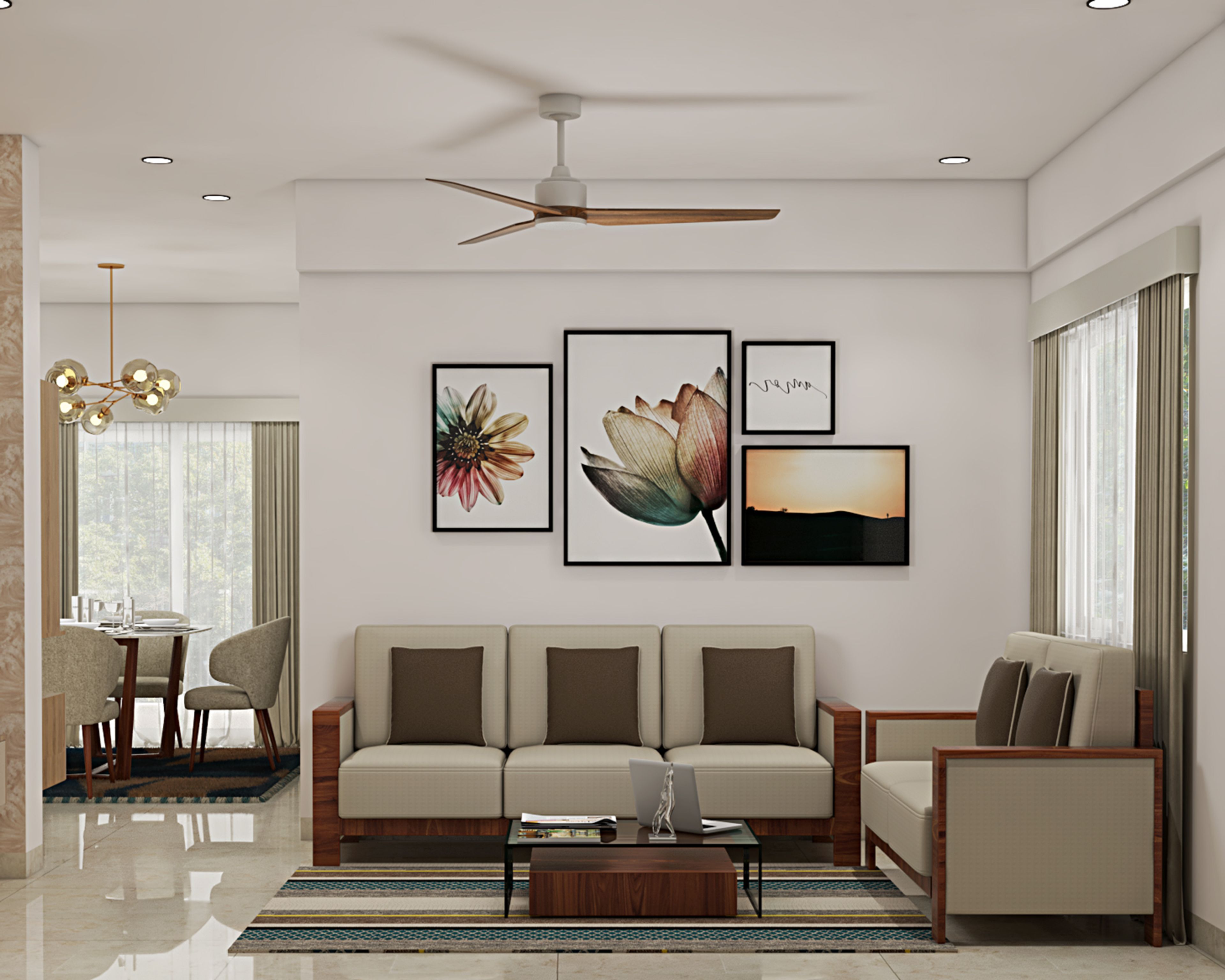 Modern Living Room Design with Wood Arm 3-Seater Sofa and Armchair