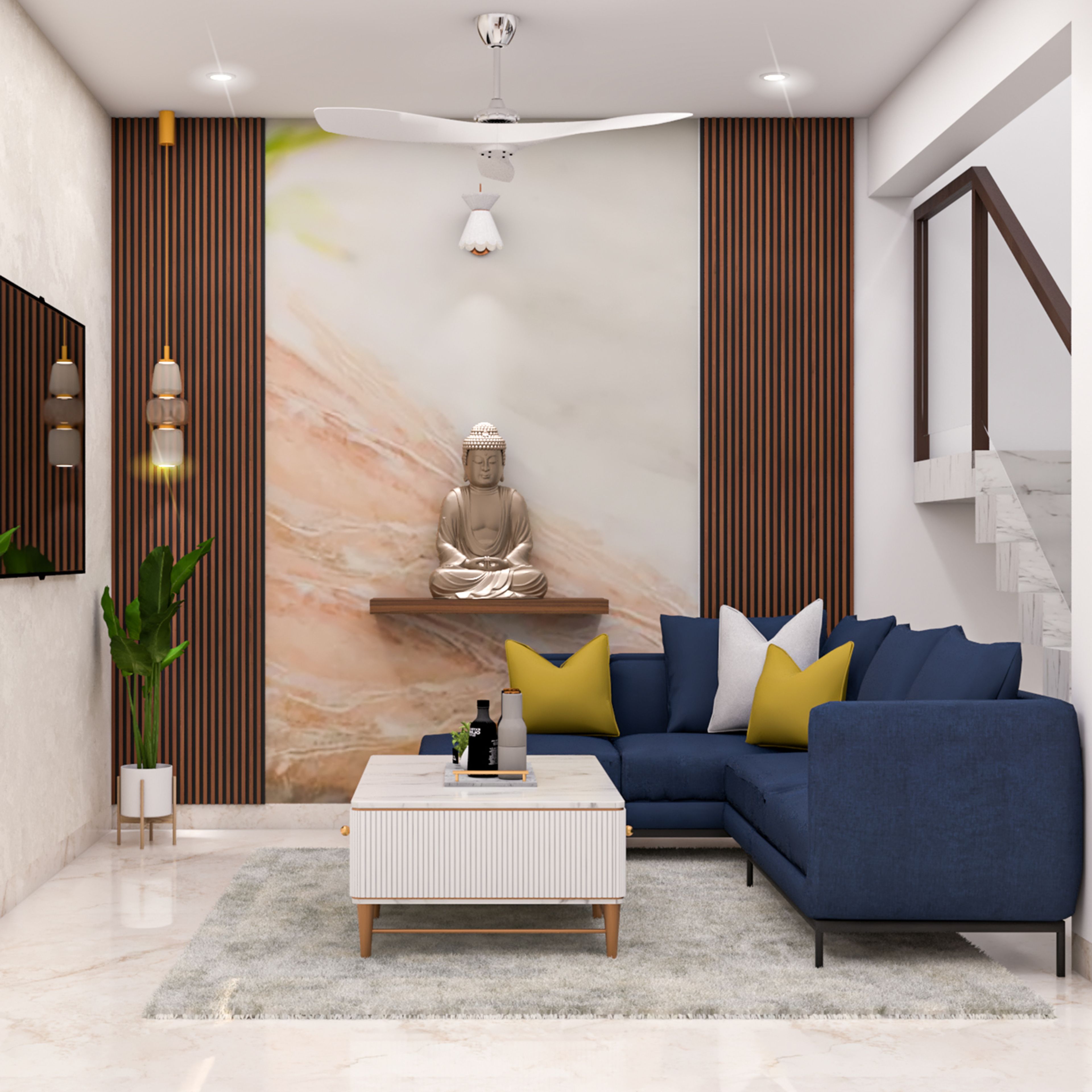 Contemporary Living Room Design with Navy Blue Sectional Sofa and Center Table