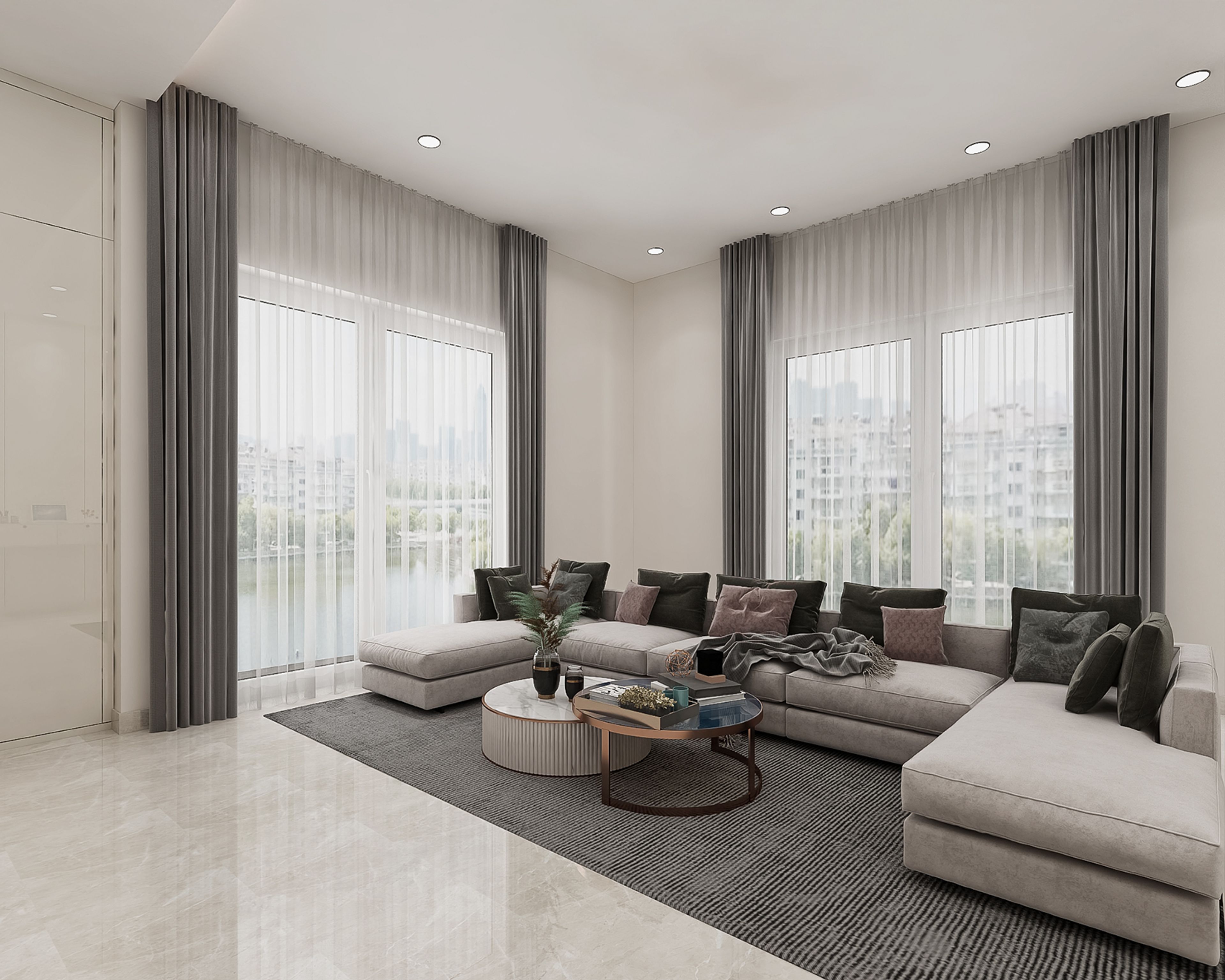 Modern Living Room Design with L-Shaped Sofa and Round Nested Table