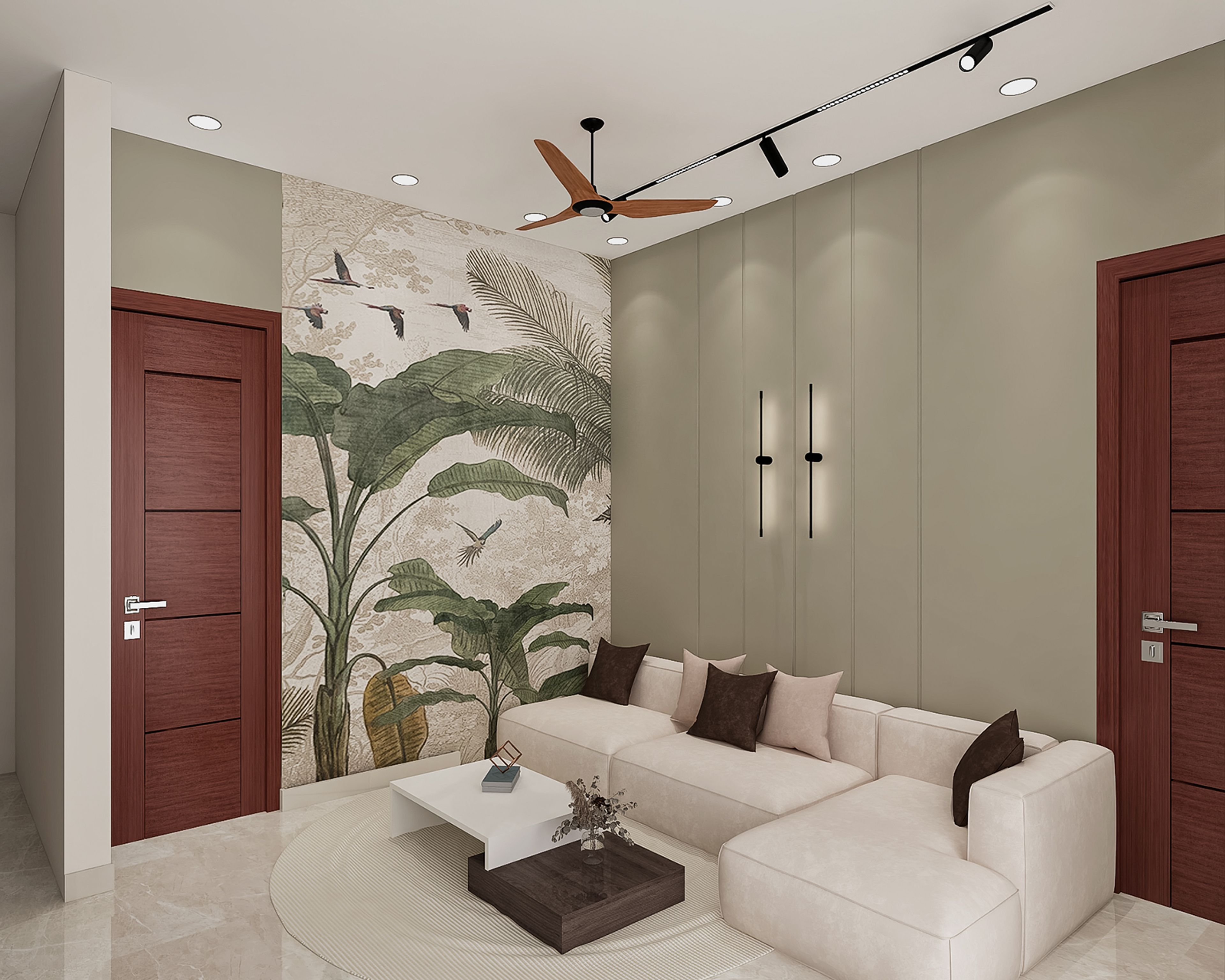 Contemporary Muted Olive Botanical Accent Wall Paint Design for Living Room