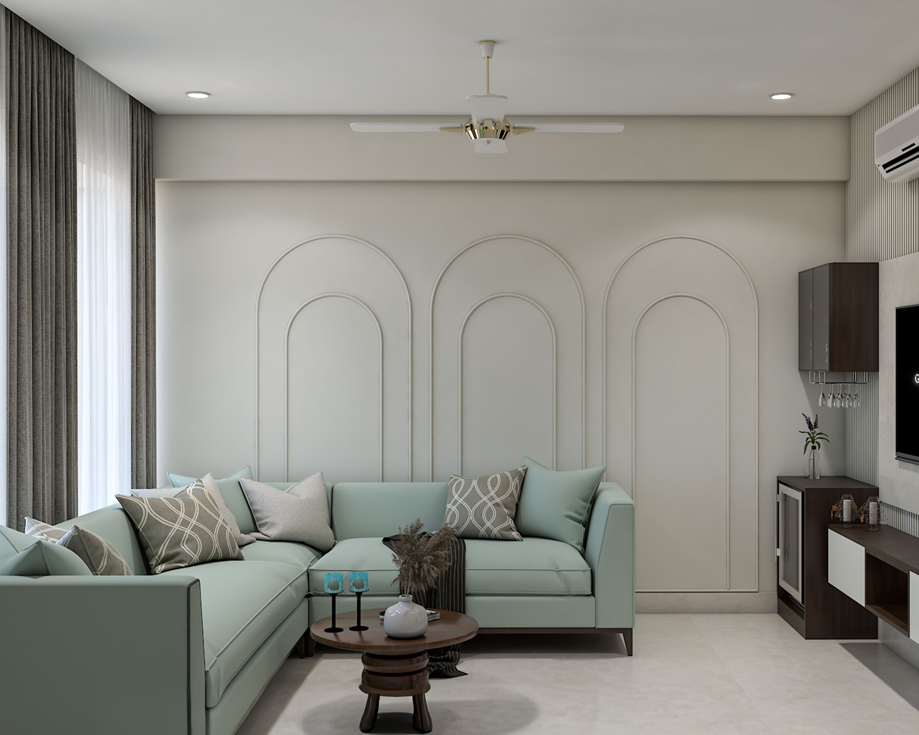 Modern Living Room Design with Mint Sectional Sofa and Nested Wood Table