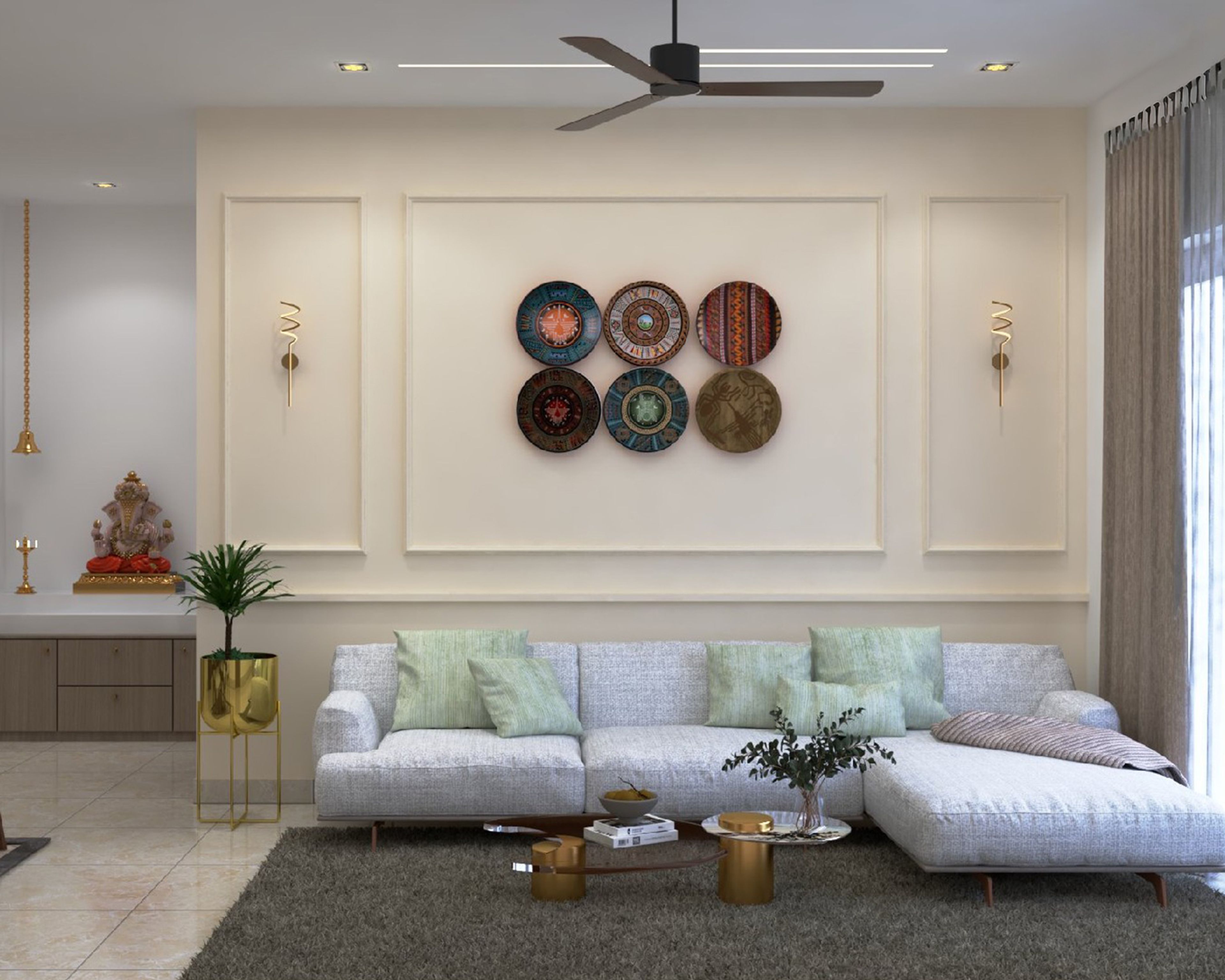 Modern Living Room Design with L-Shaped Grey Sofa and Coffee Tables