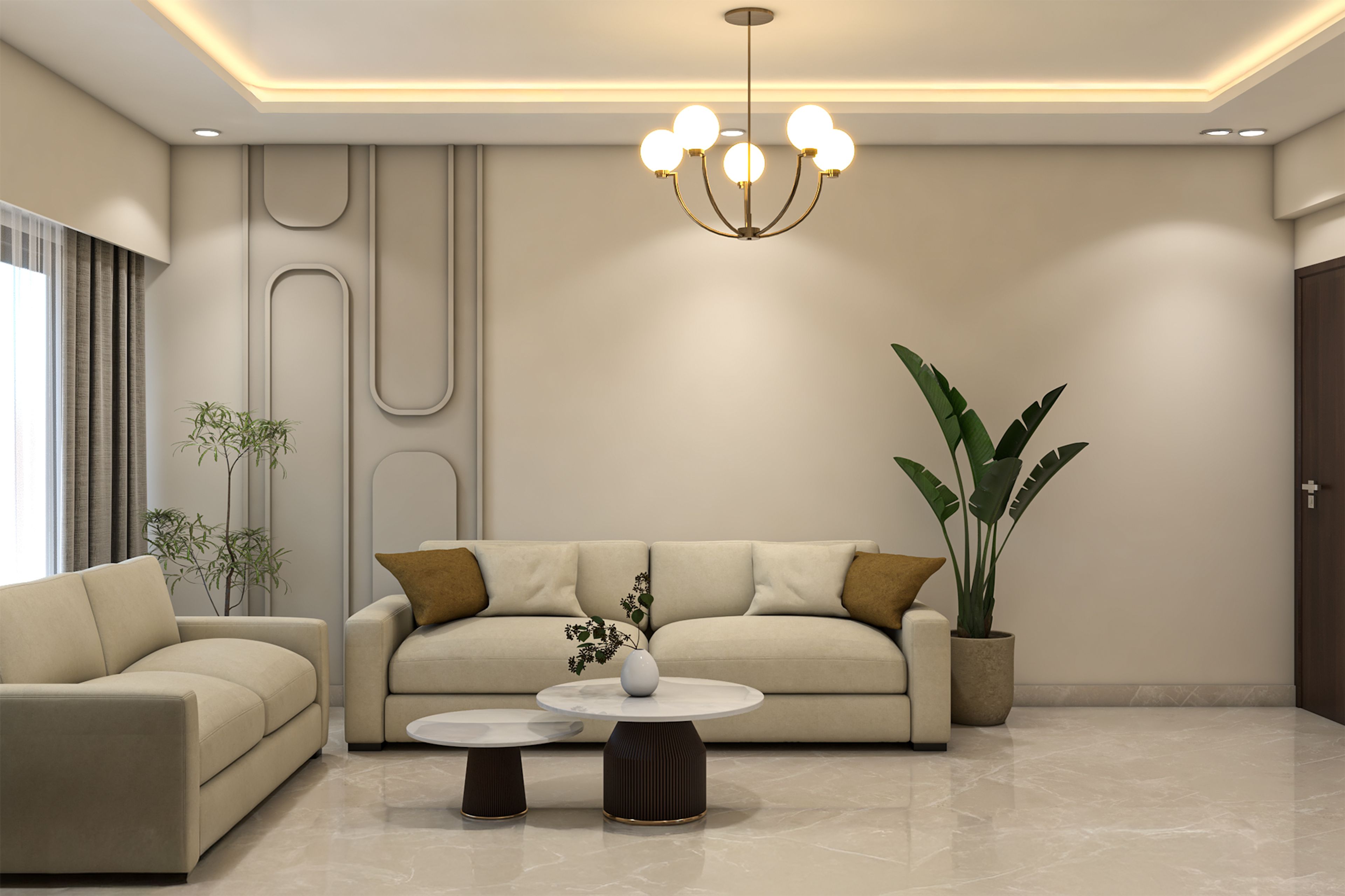 Modern Living Room Design with Neutral Sofas and Marble Coffee Tables