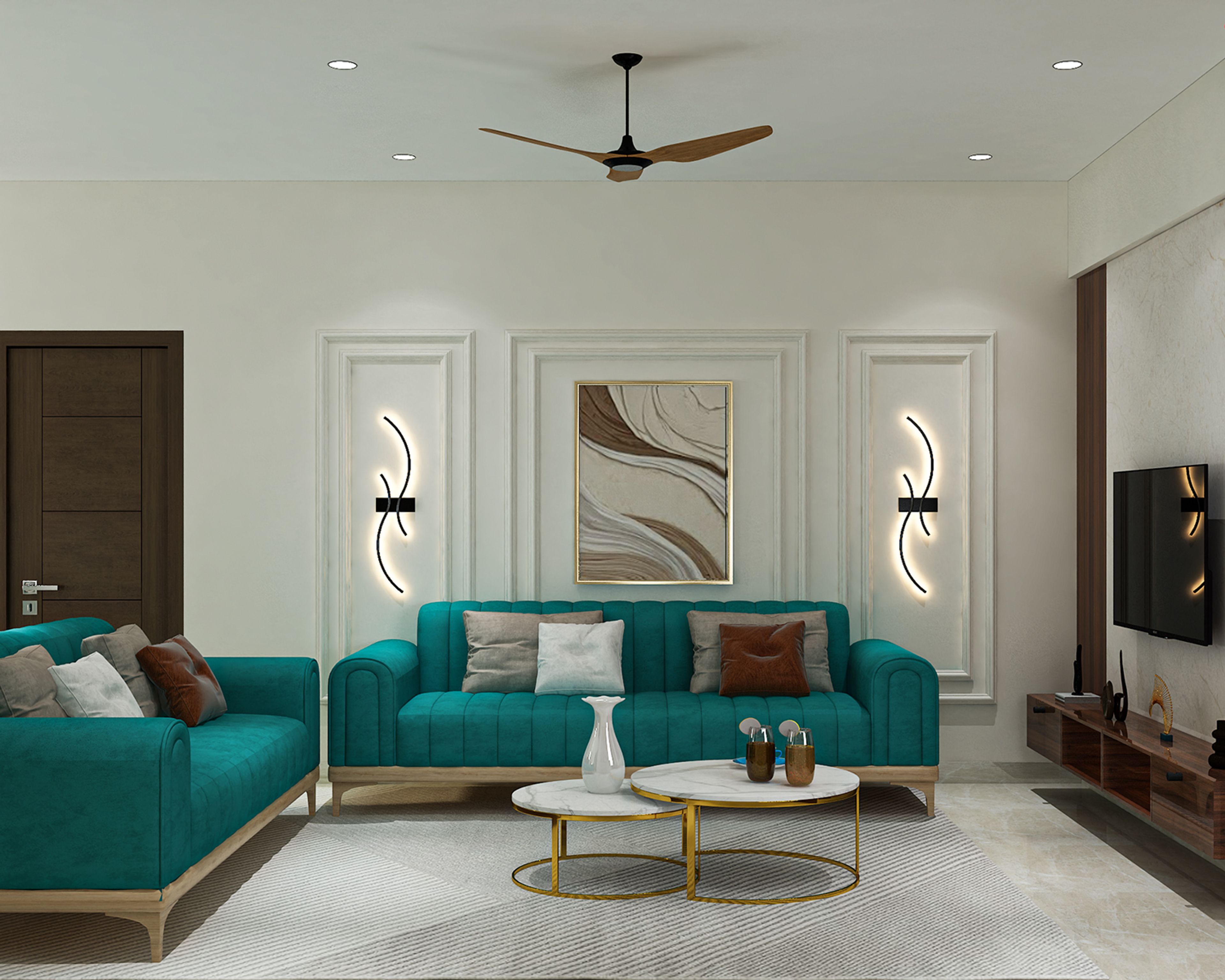 Contemporary Living Room Design with Teal Sofa and Gold Coffee Tables