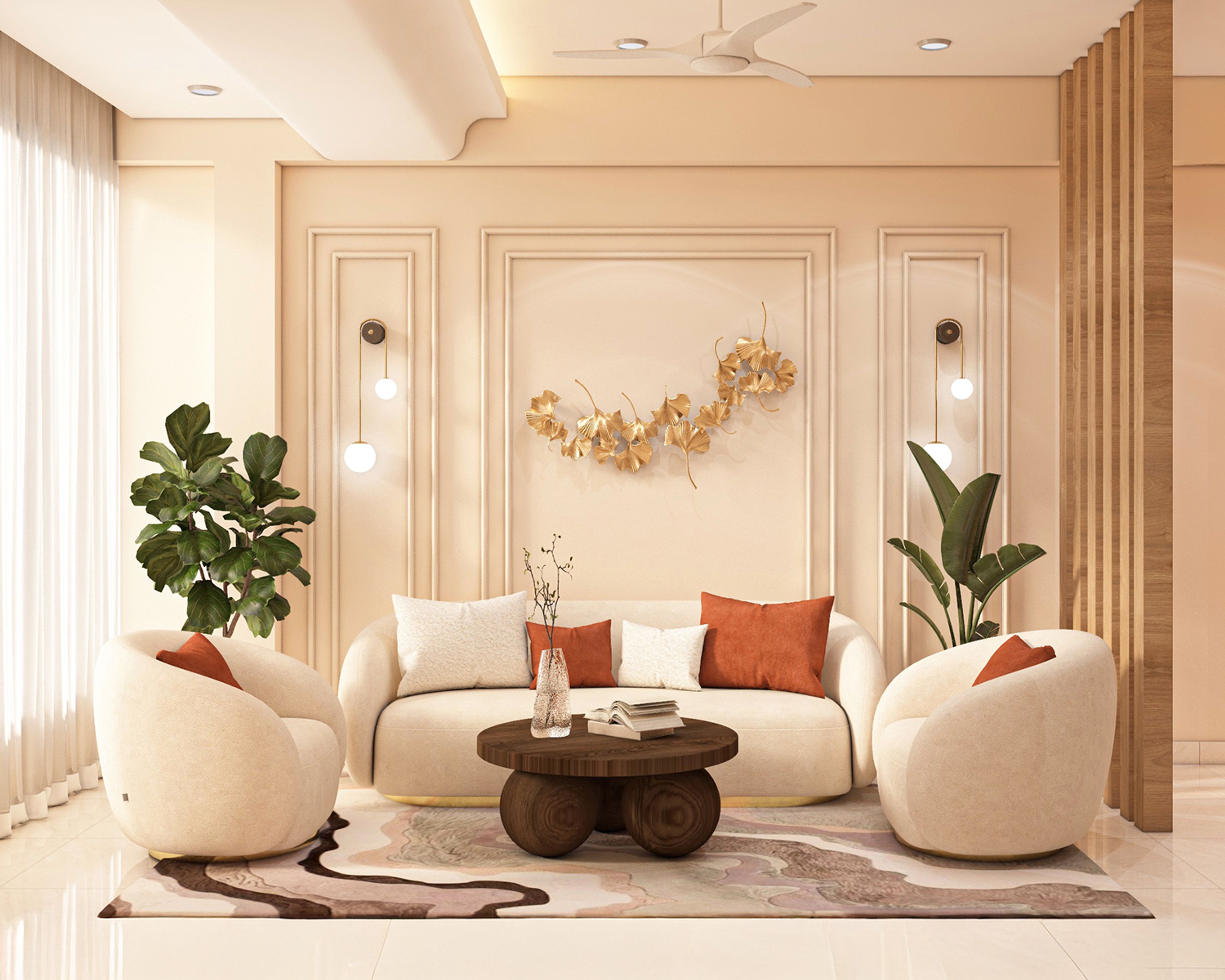 Modern Living Room Design with L-Shaped Sofa and Brass Coffee Tables