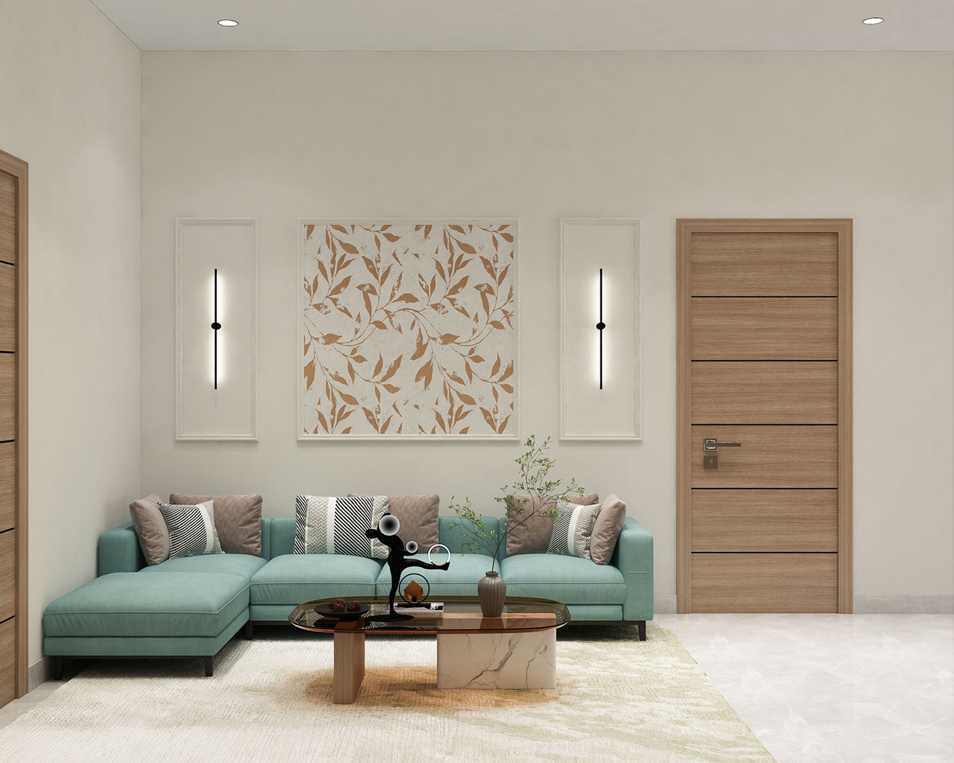 Contemporary Living Room Design with Teal Sectional Sofa and Marble Table