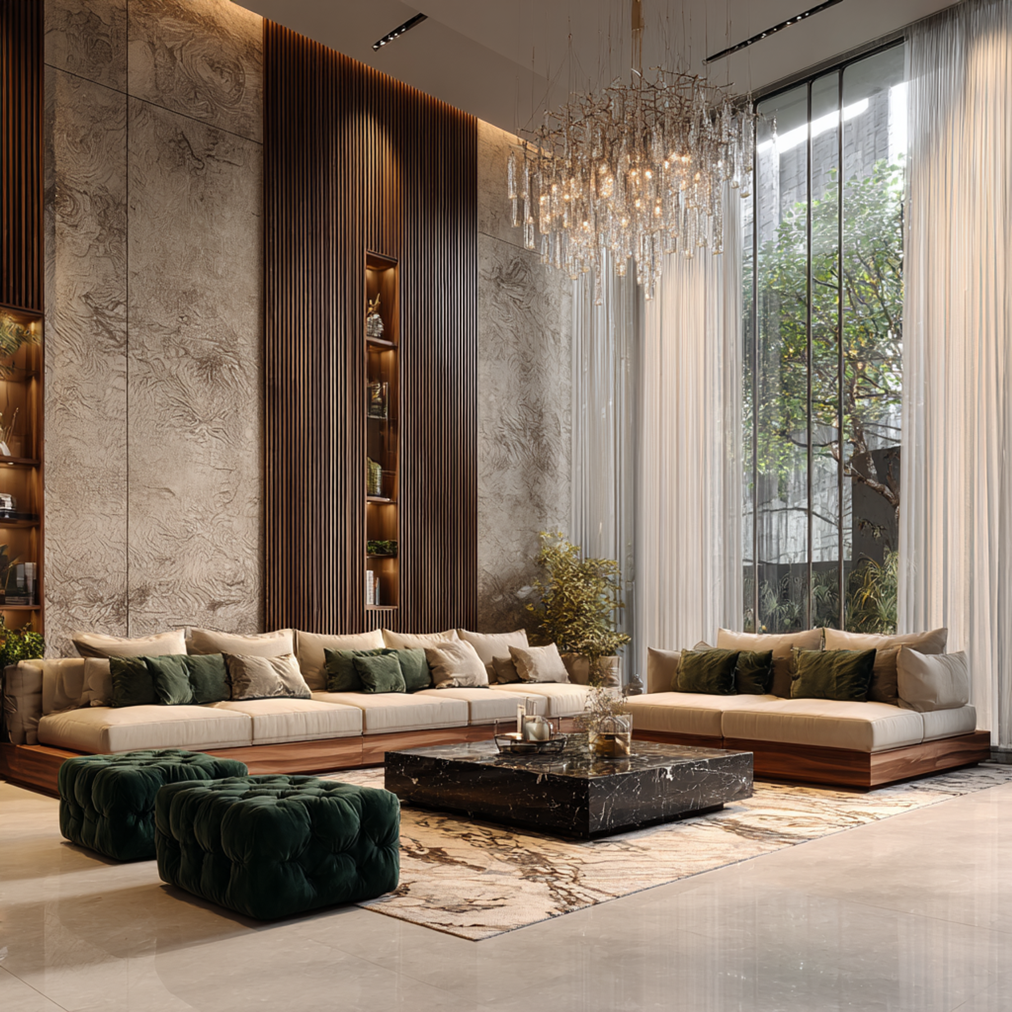 Modern Living Room Design with Cream Sofas and Dark Green Ottomans
