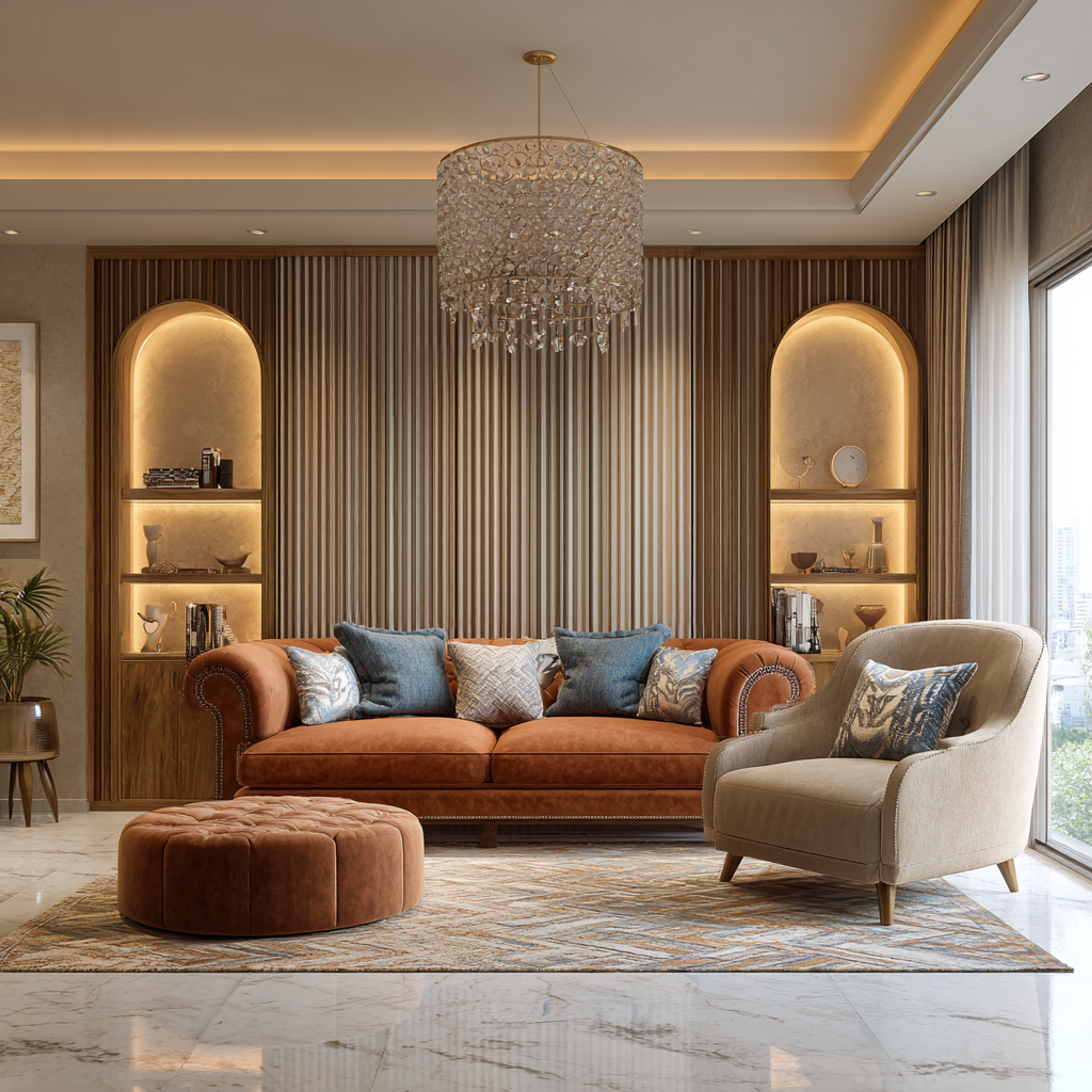 Modern Living Room Design with 3-Seater Rust Leather Sofa and Ottoman