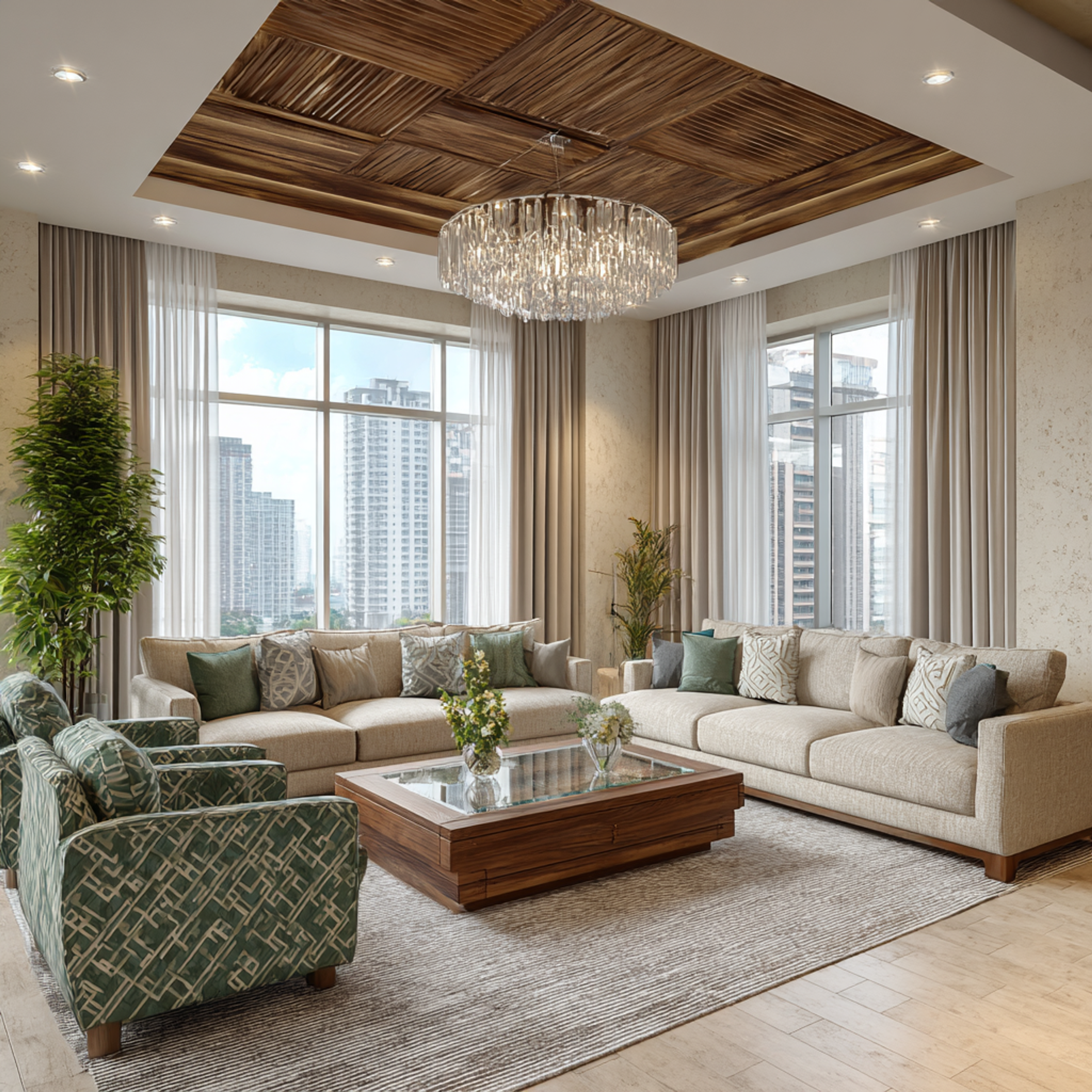 Contemporary Living Room Design with Beige Sofas and Accent Chairs