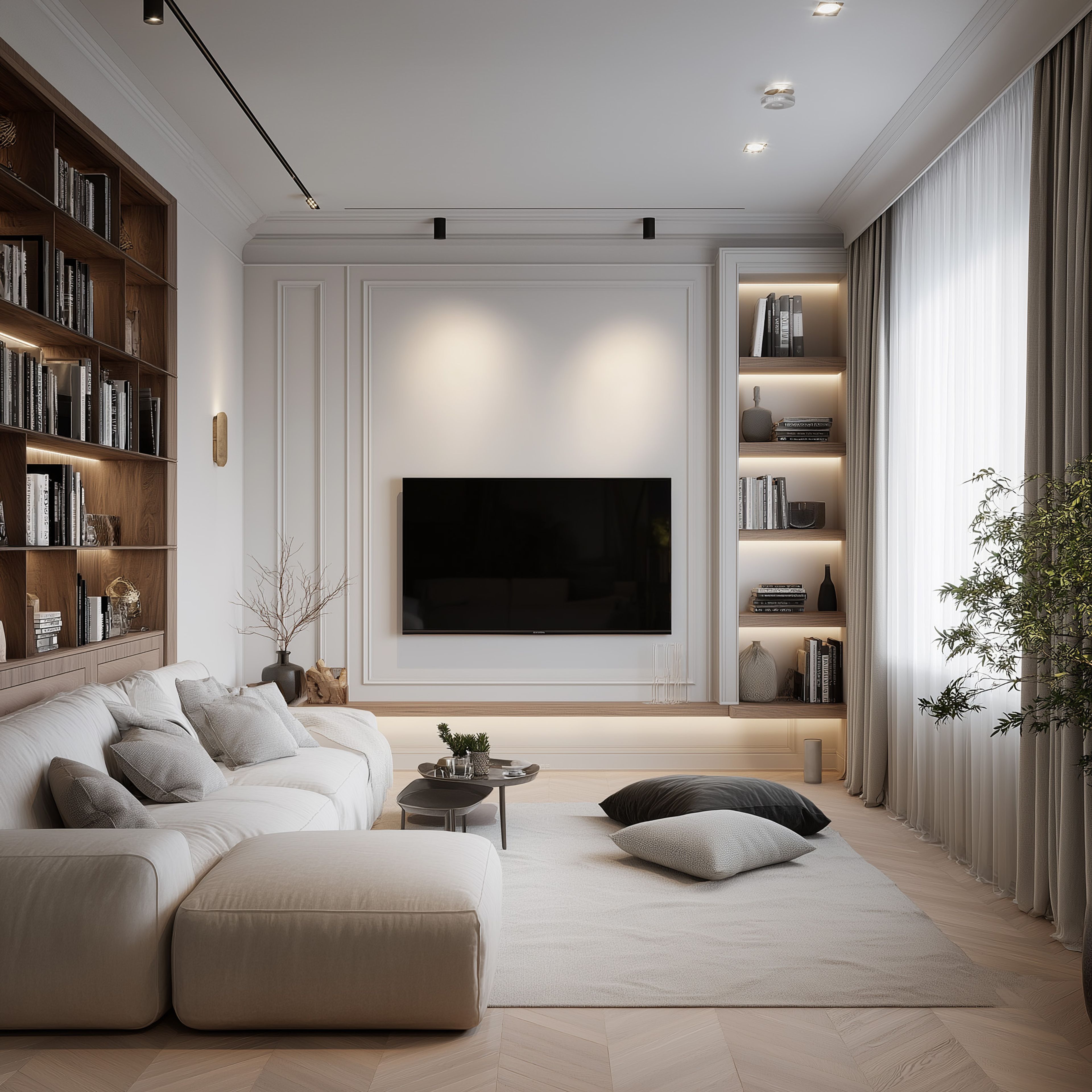 Transitional Living Room Design with Cream Sectional Sofa and Bookshelves