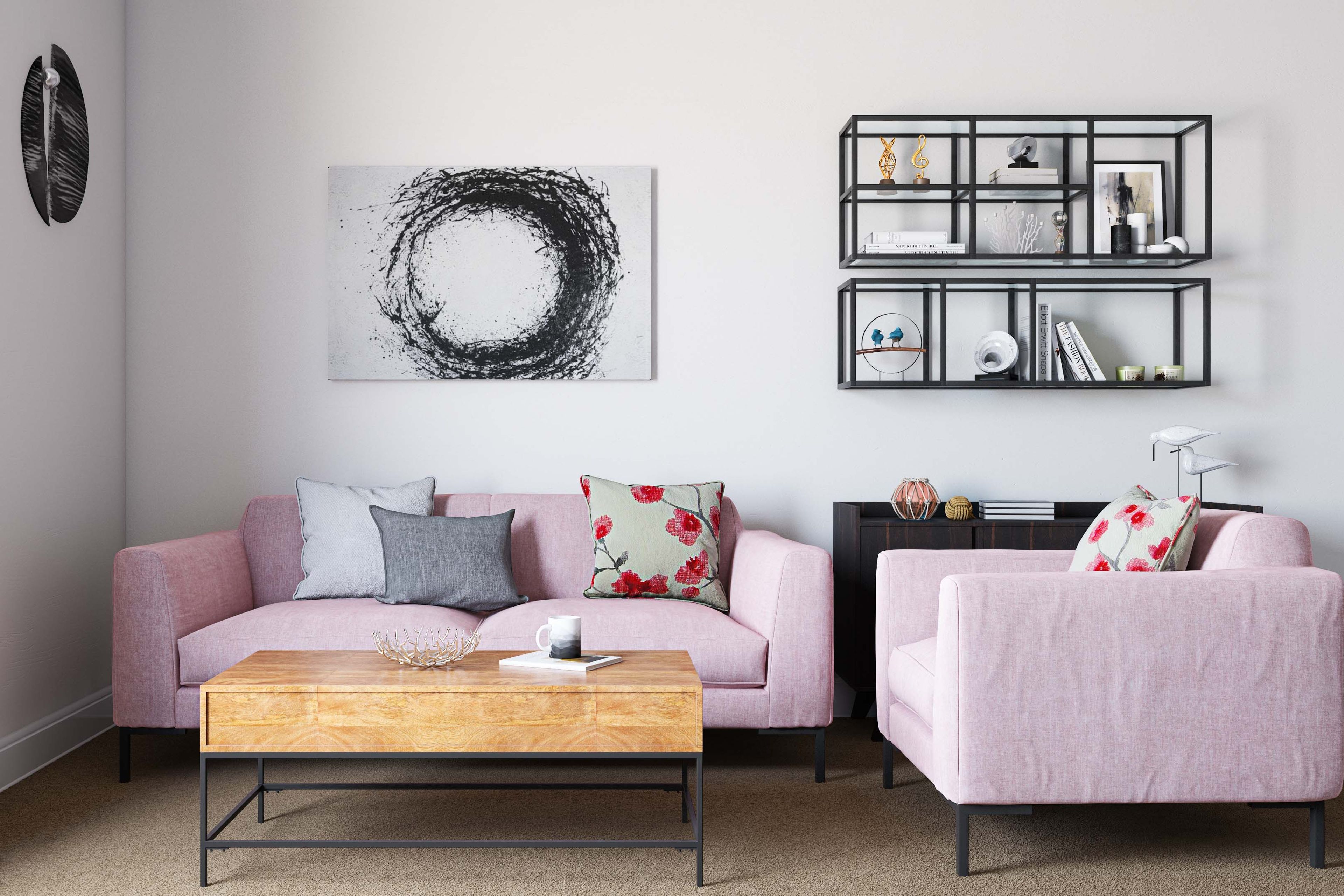 Modern Eclectic Living Room Design with Pink Sofa and Armchair