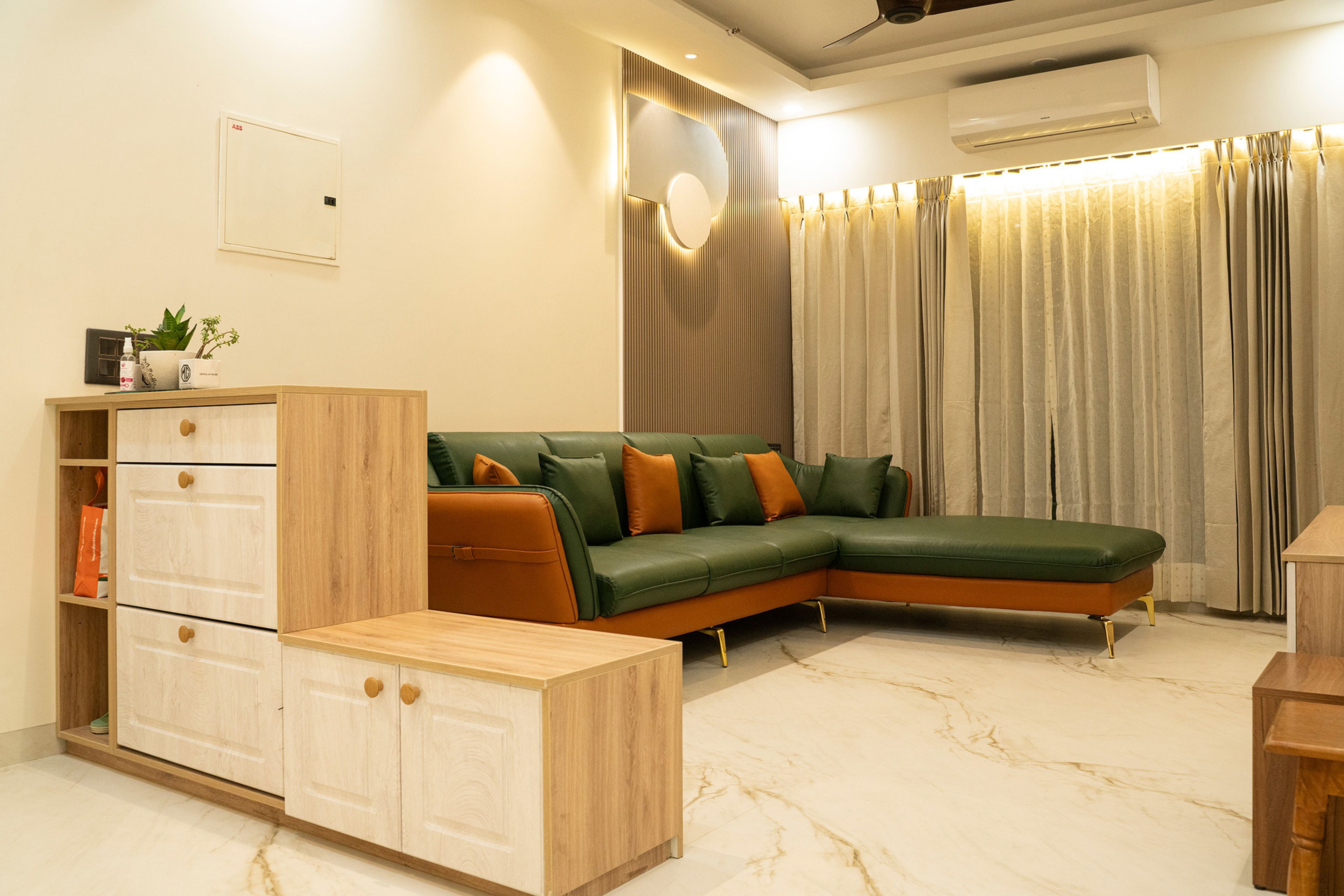 Contemporary Living Room Design with Leather Sectional Sofa and Wooden Cabinet