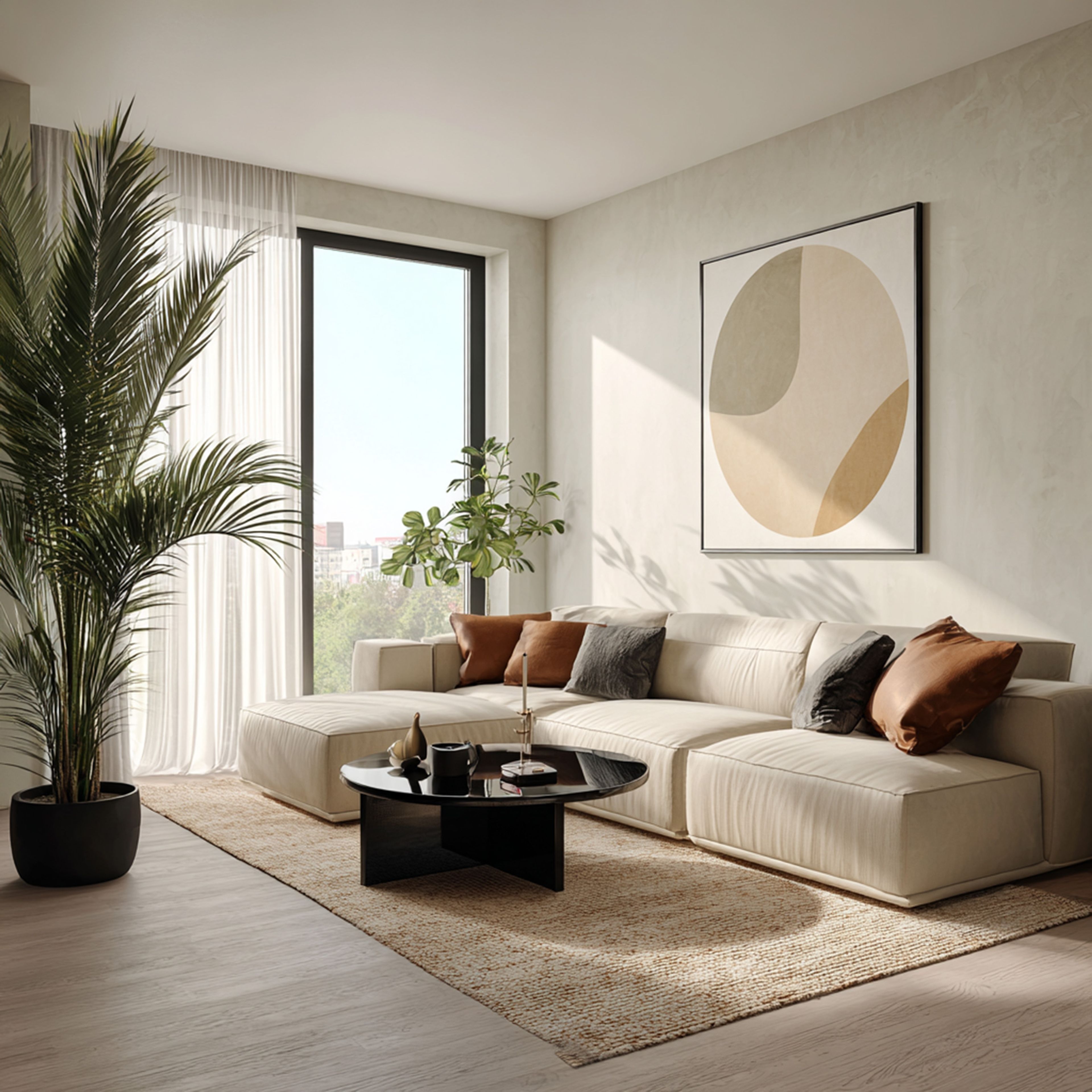 Minimal Living Room Design with L-Shaped Sectional Sofa and Black Coffee Table