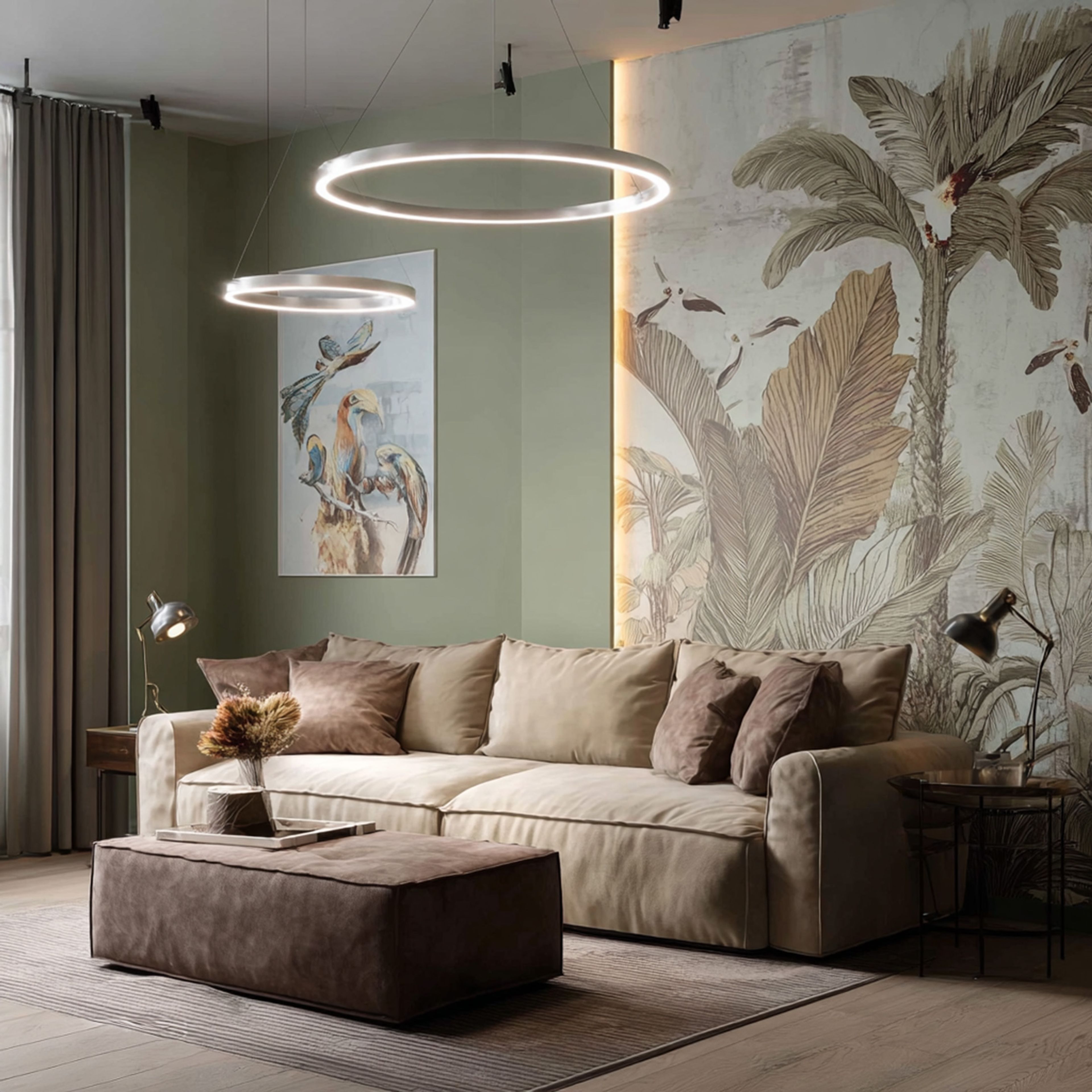 Contemporary Living Room Design with Beige Sofa and Ottoman Coffe Table