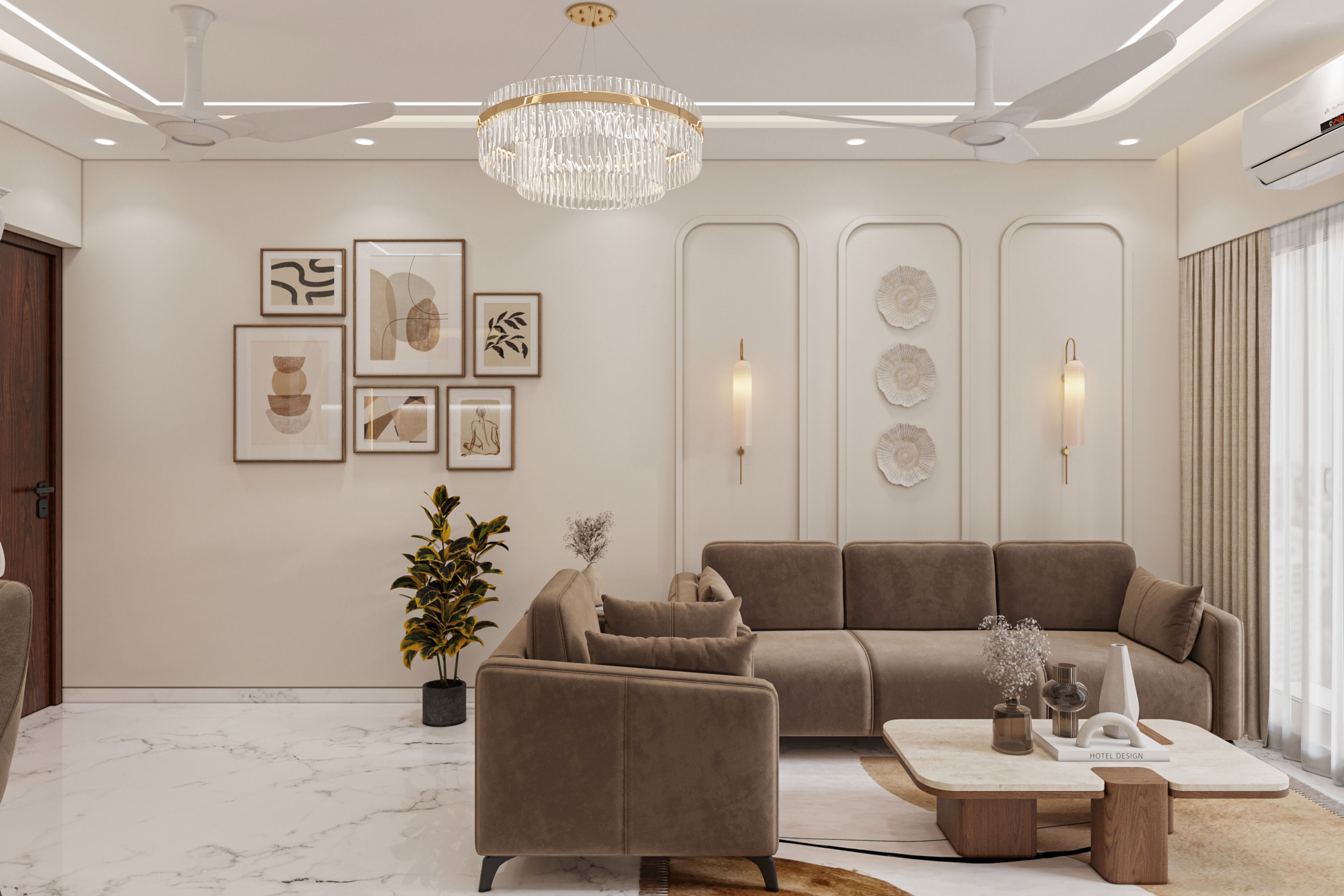 Contemporary Living Room Design with Velvet Seating and Marble Table