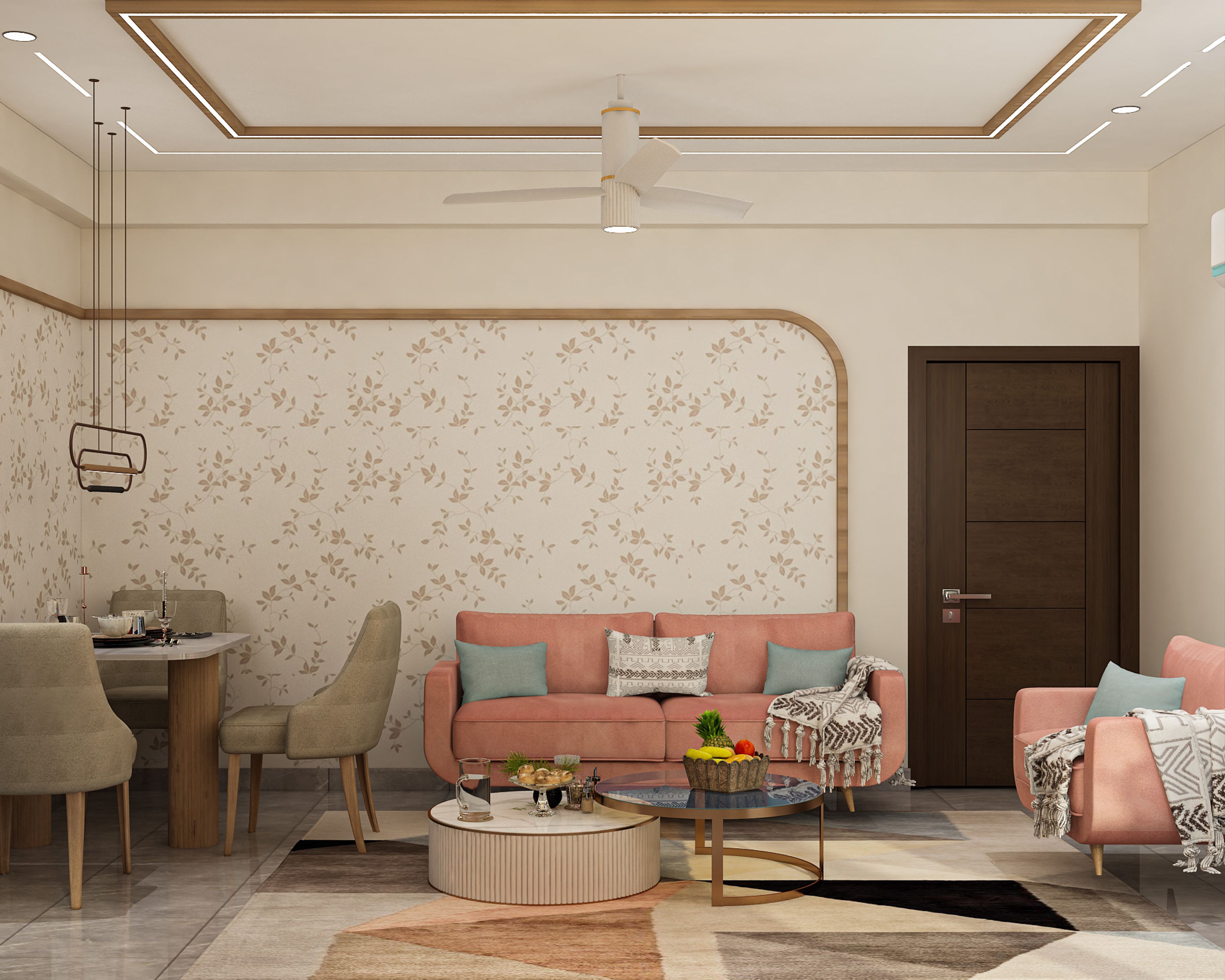 Contemporary Living Room Design with Blush Sofa and Dining Section