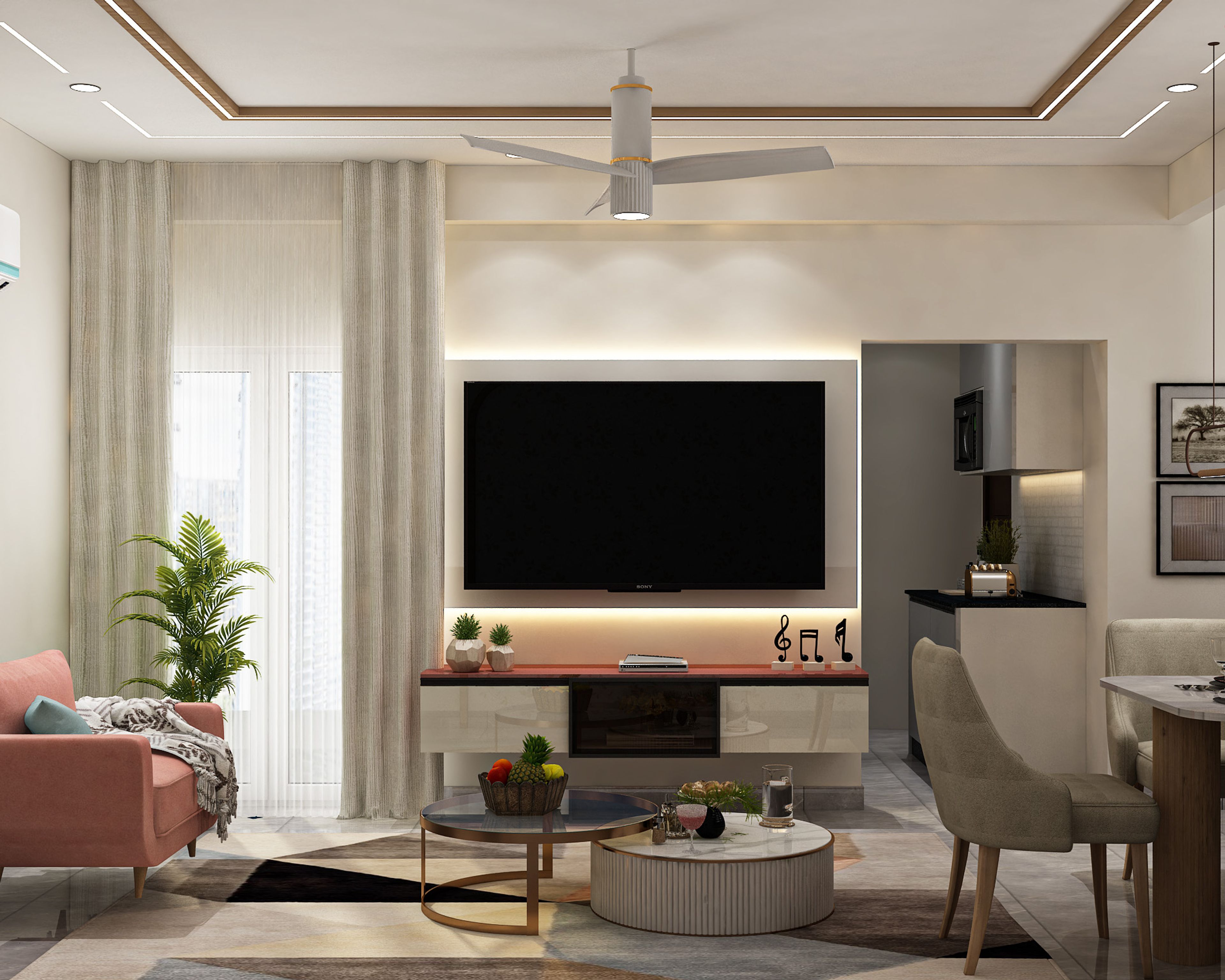 Contemporary Living Room Design with Blush Sofa and Dining Section