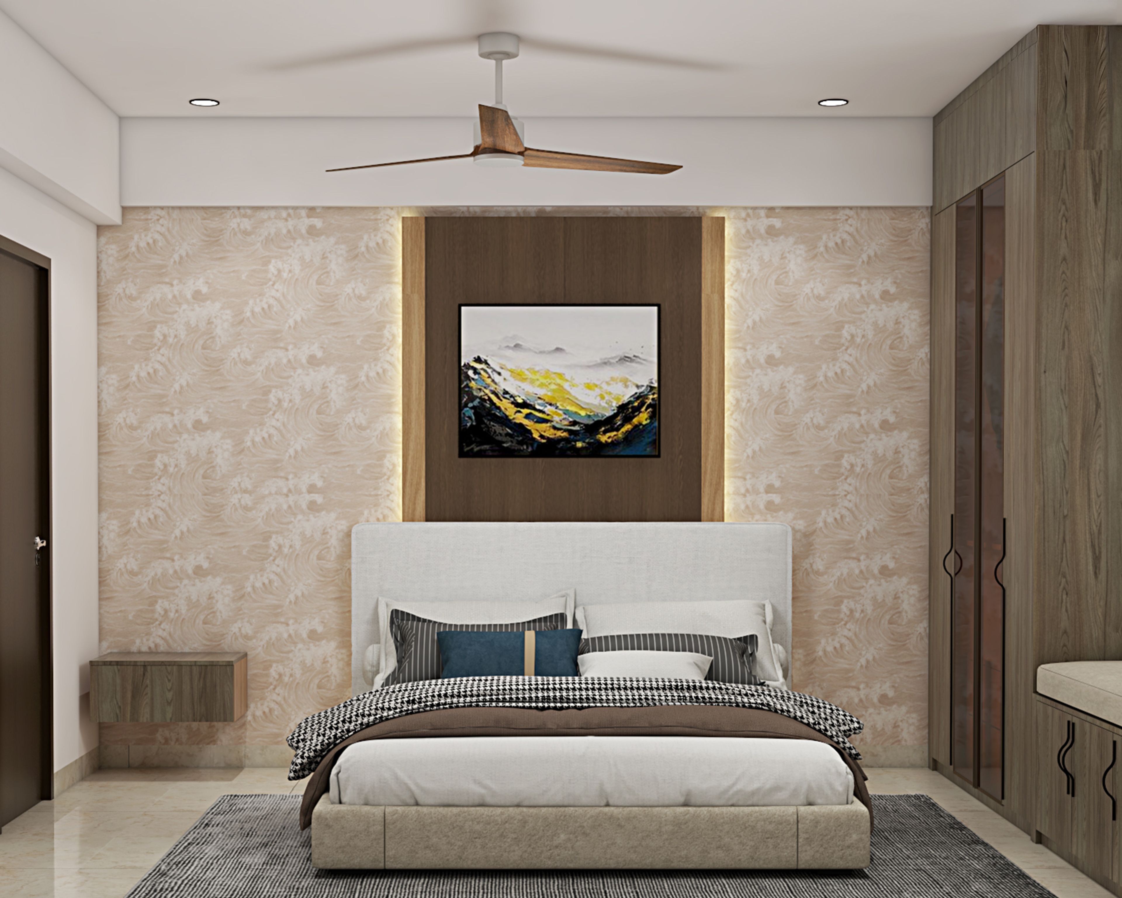 Modern Master Bedroom Design with Backlit Wood Panels and Wardrobe