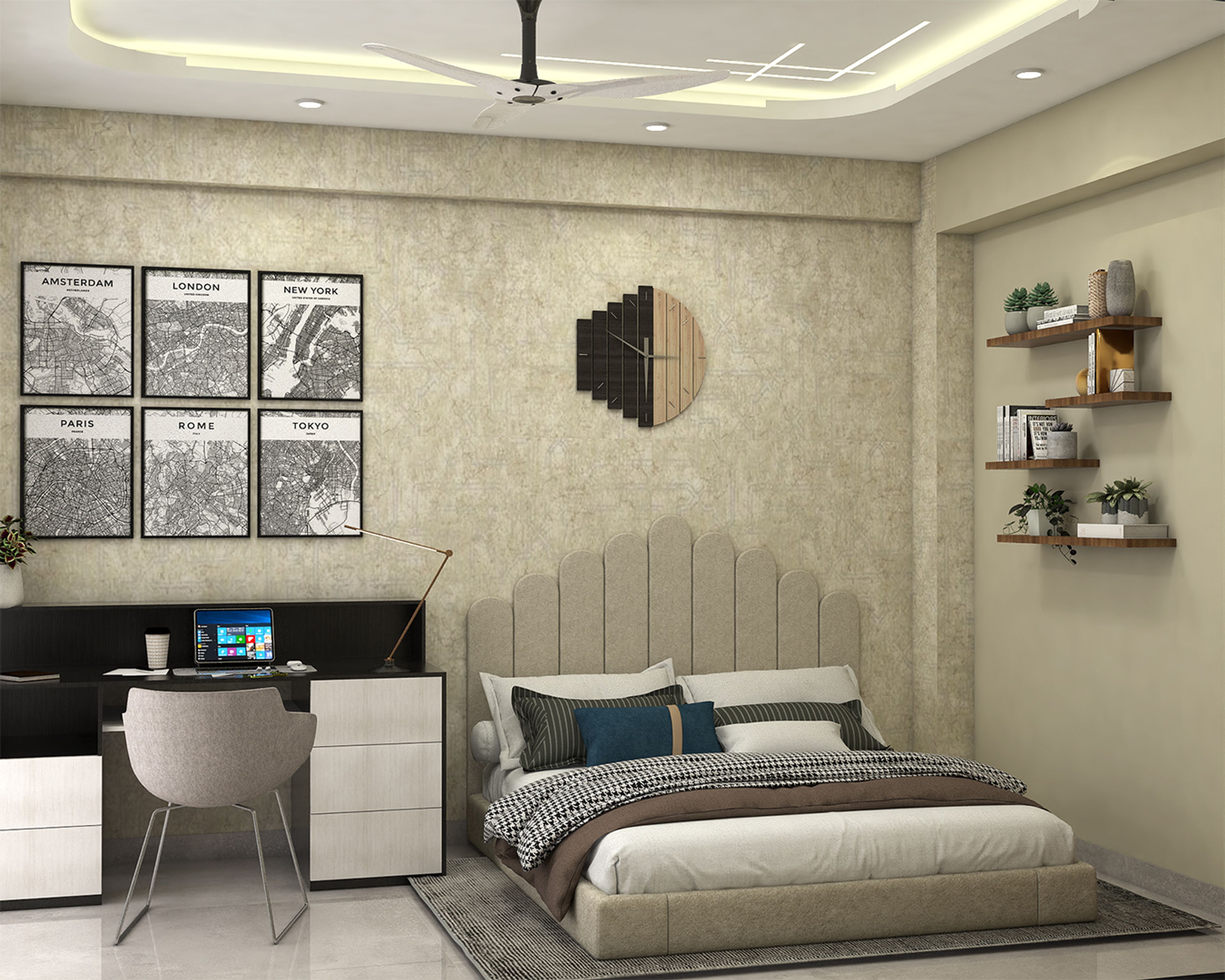 Modern Master Bedroom Design with Low-Profile Bed and Built-In Desk