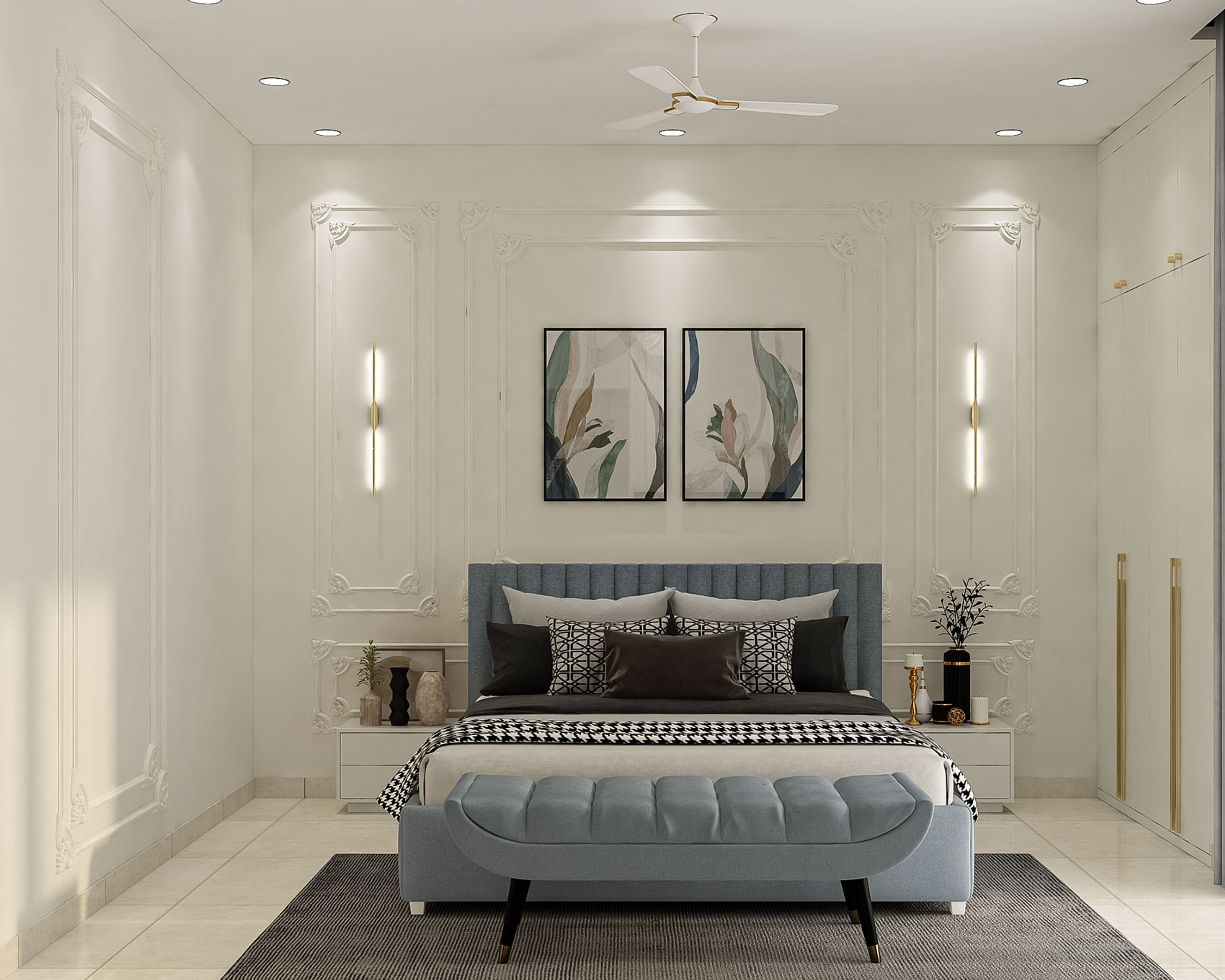 Classic Master Bedroom Design with King Bed and Ornate Wall Moulding