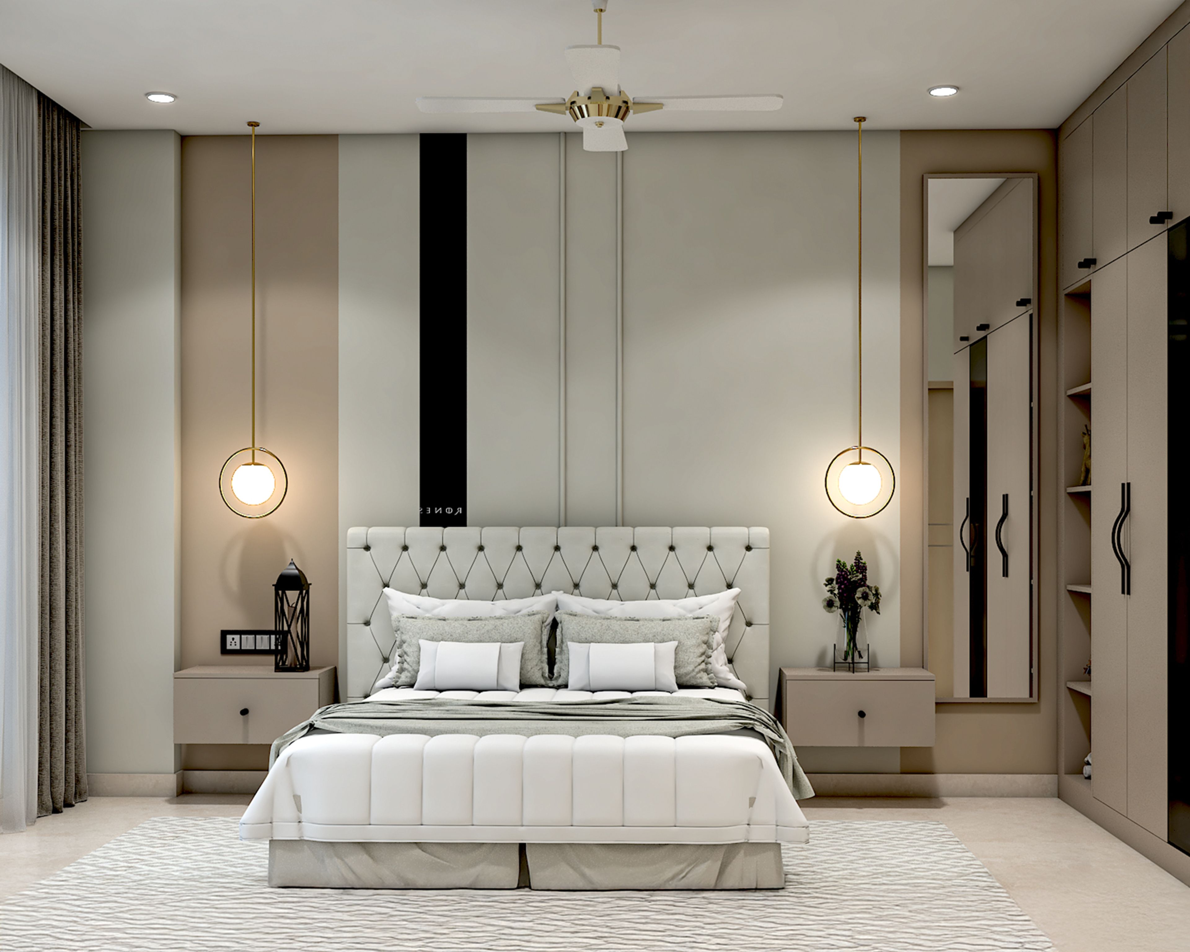 Beige and Greige Bedroom Wall Paint Design with Vertical Panels
