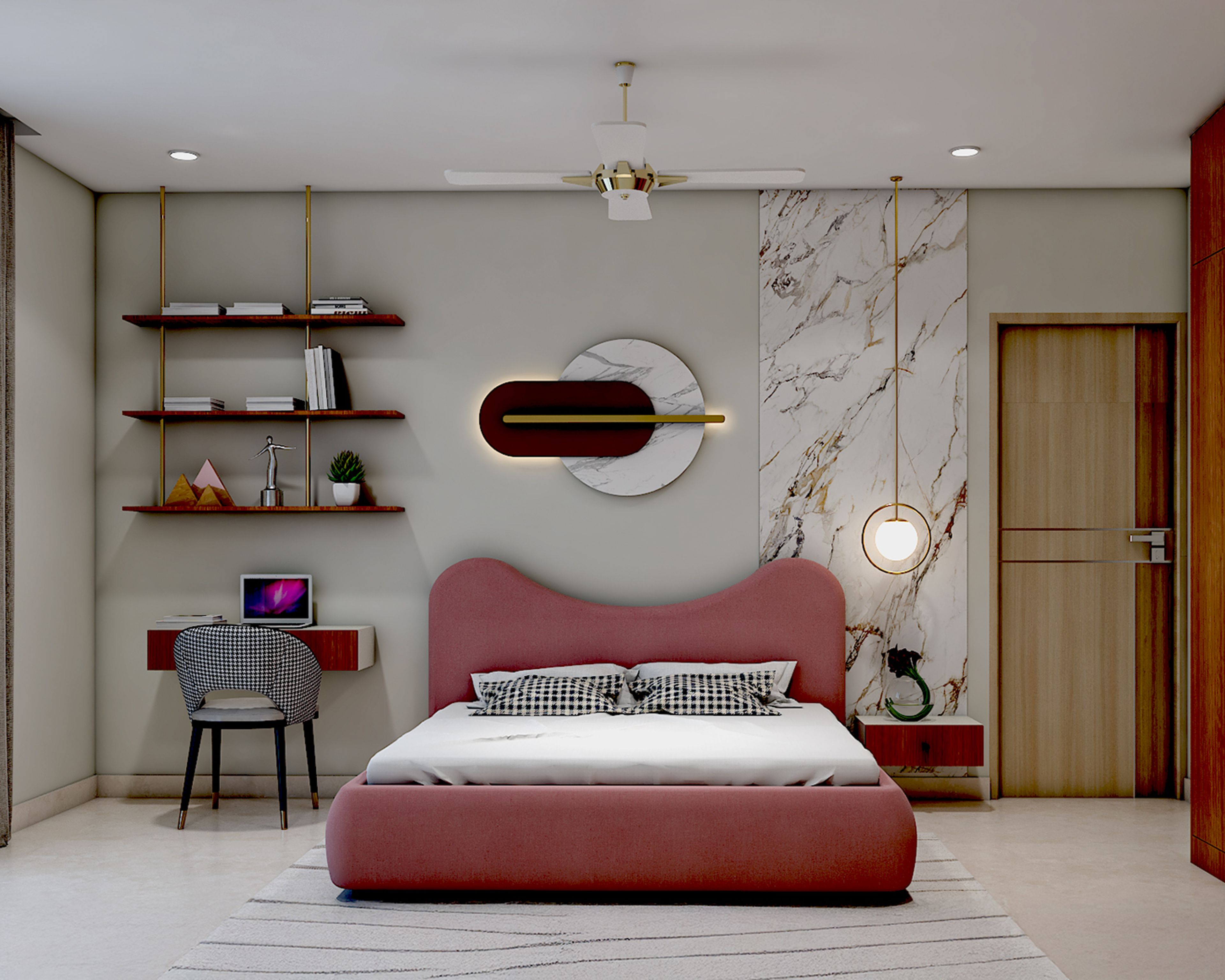 Contemporary Master Bedroom Design with Curved Pink Bed and Study Desk