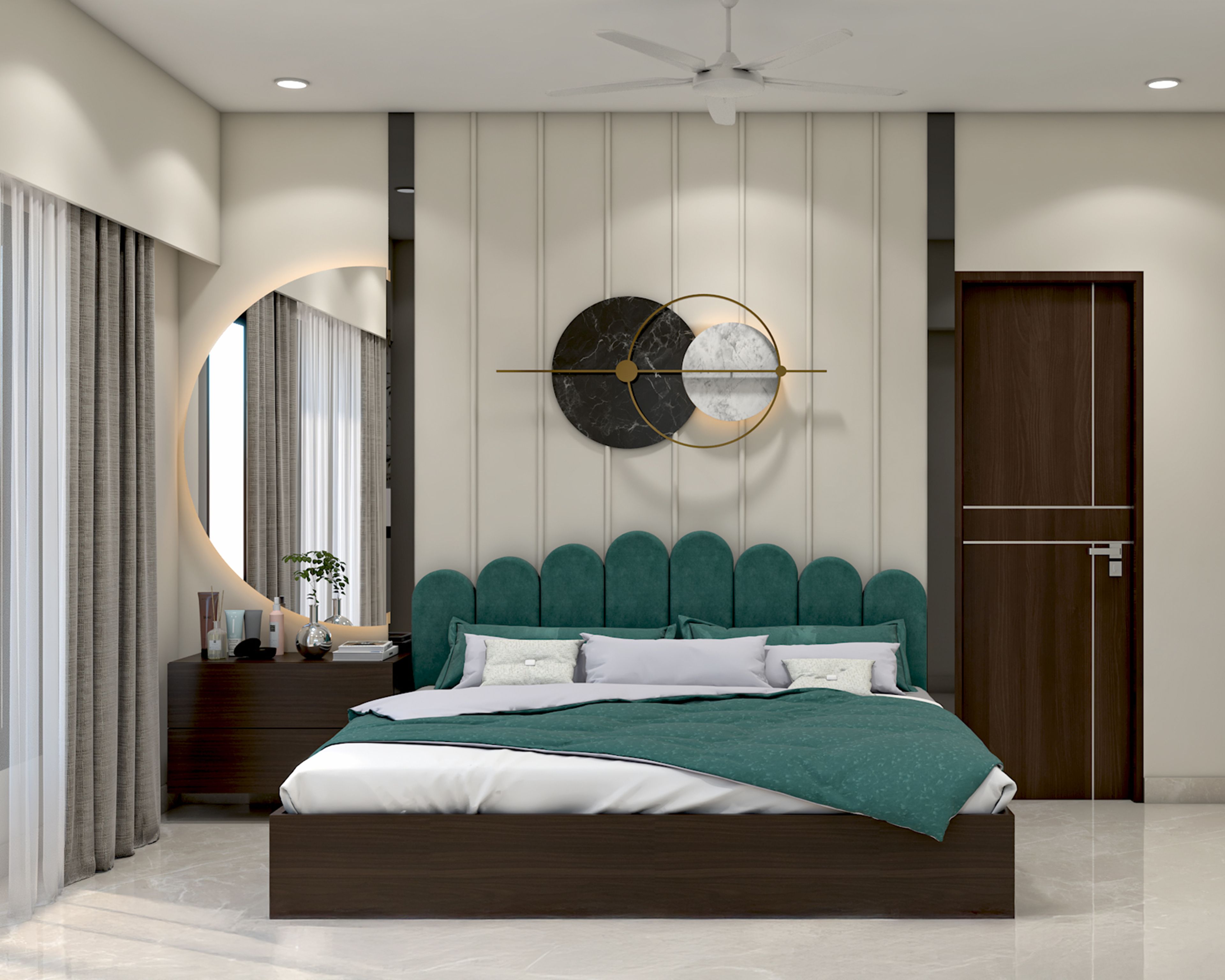 Contemporary Master Bedroom Design with Teal Tufted Headboard King Bed