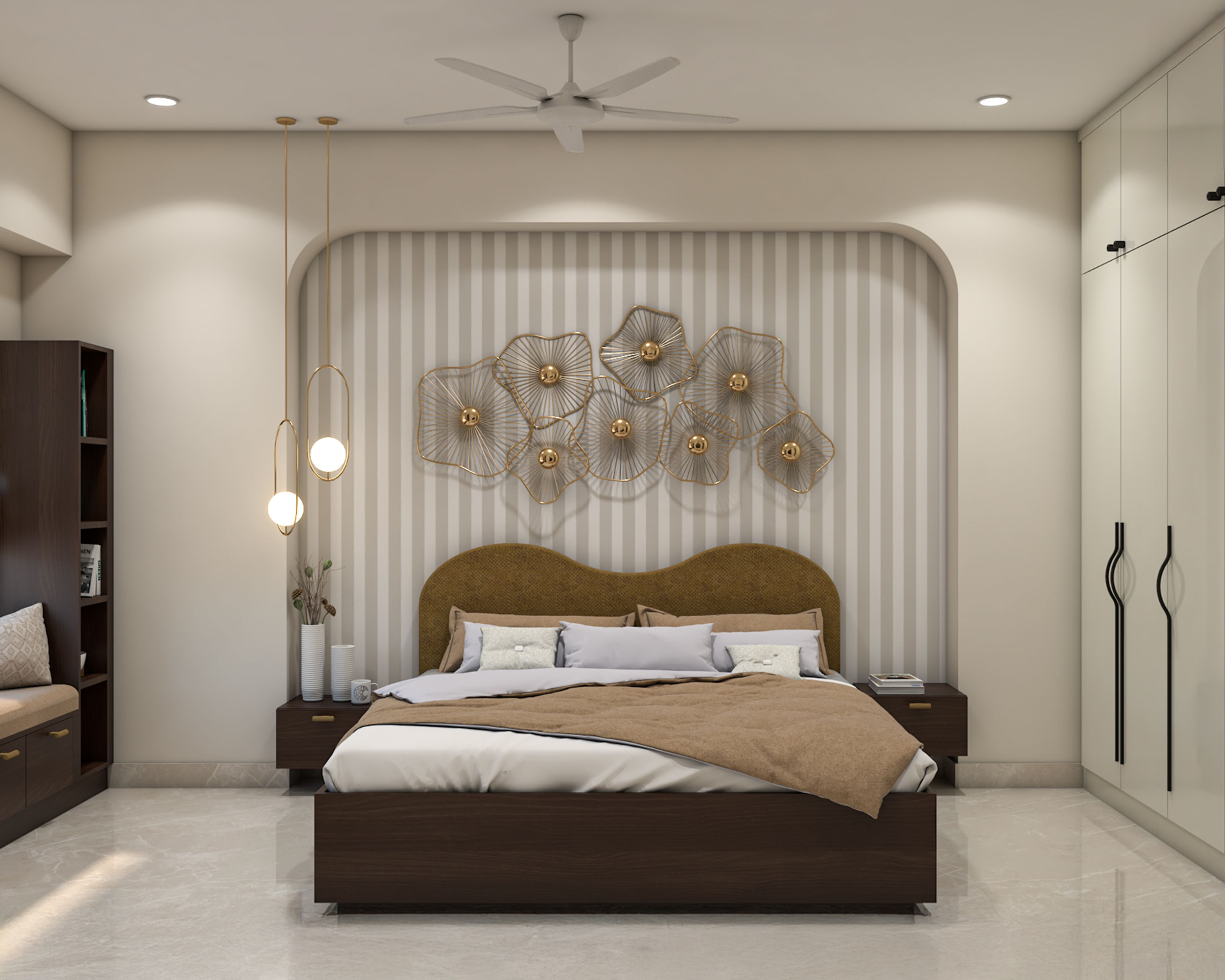 Contemporary Master Bedroom Design with Striped Feature Wall and Mustard Headboard Bed