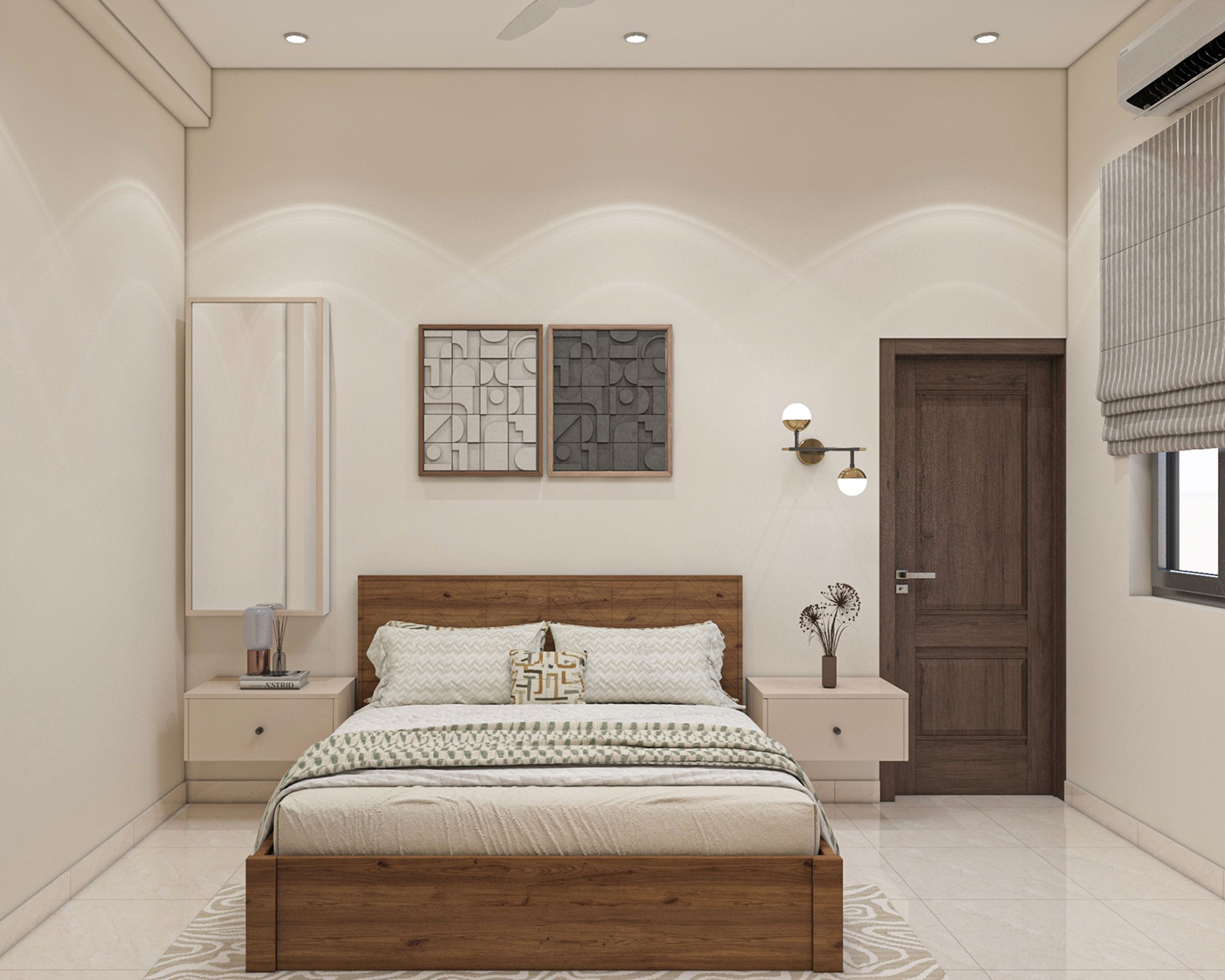 Modern Master Bedroom Design with Wooden Platform Bed and Art Wall